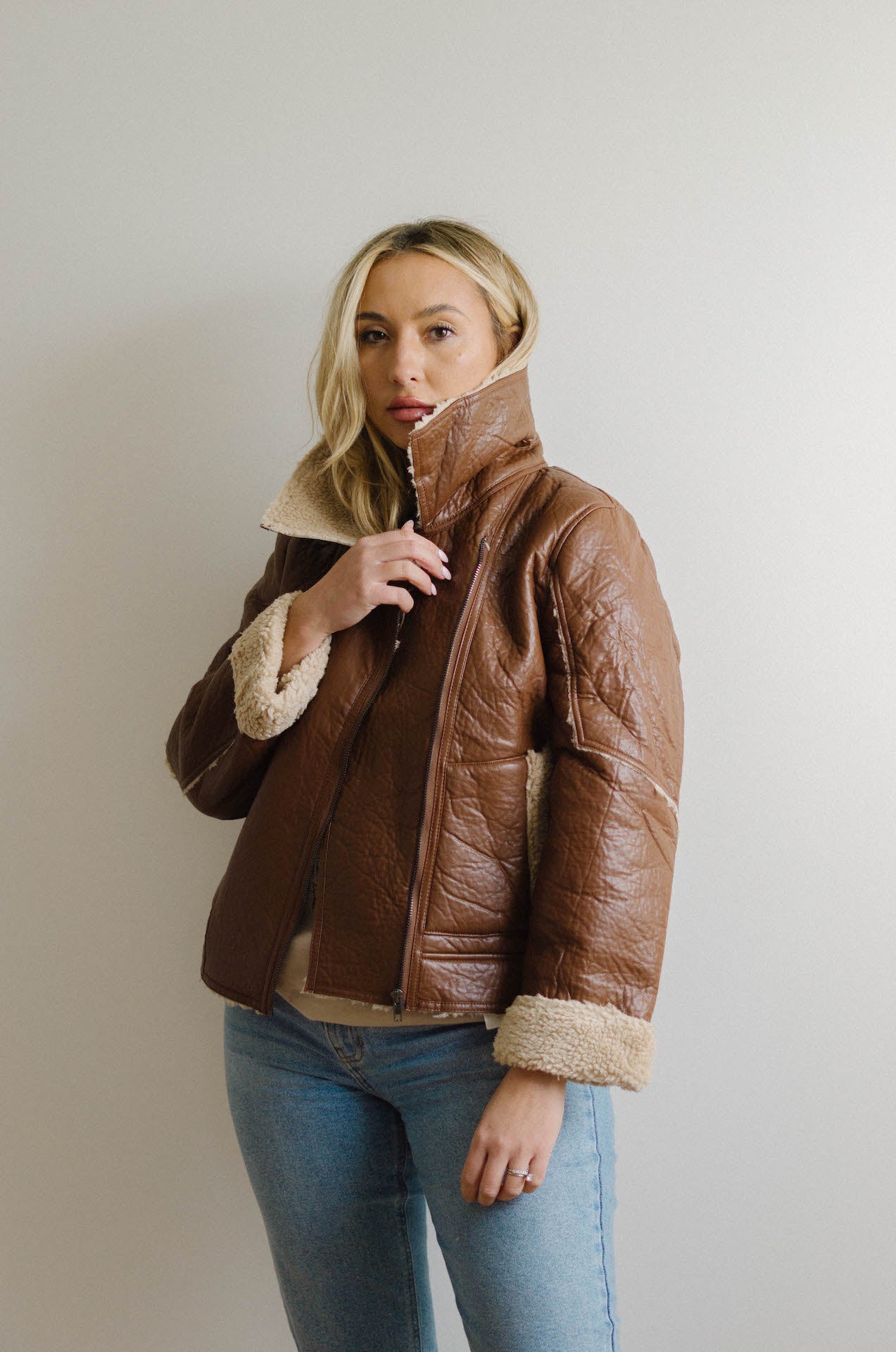 Leather jacket sherpa on sale lining