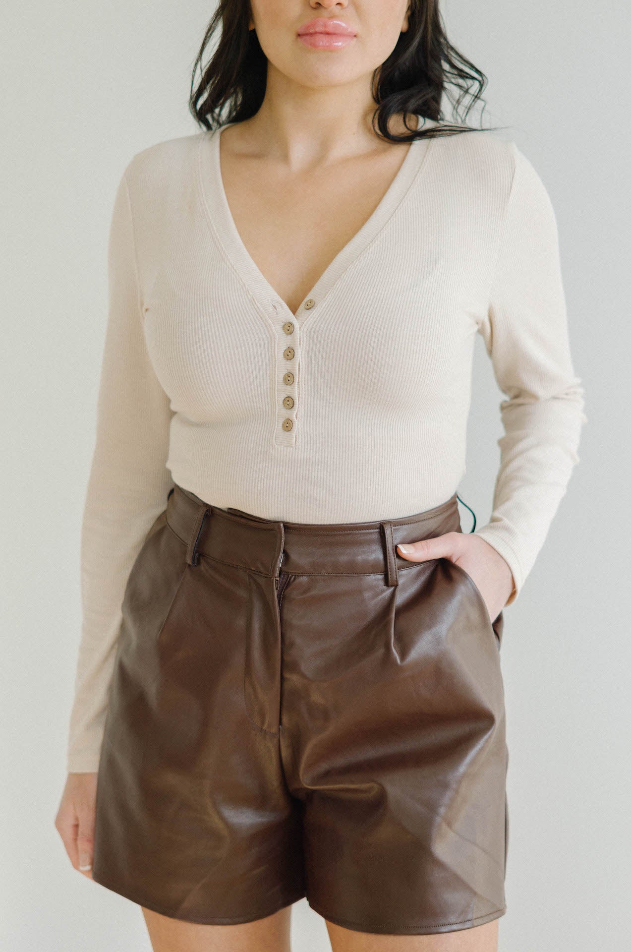 Romie Brown Vegan Leather High Waisted Shorts