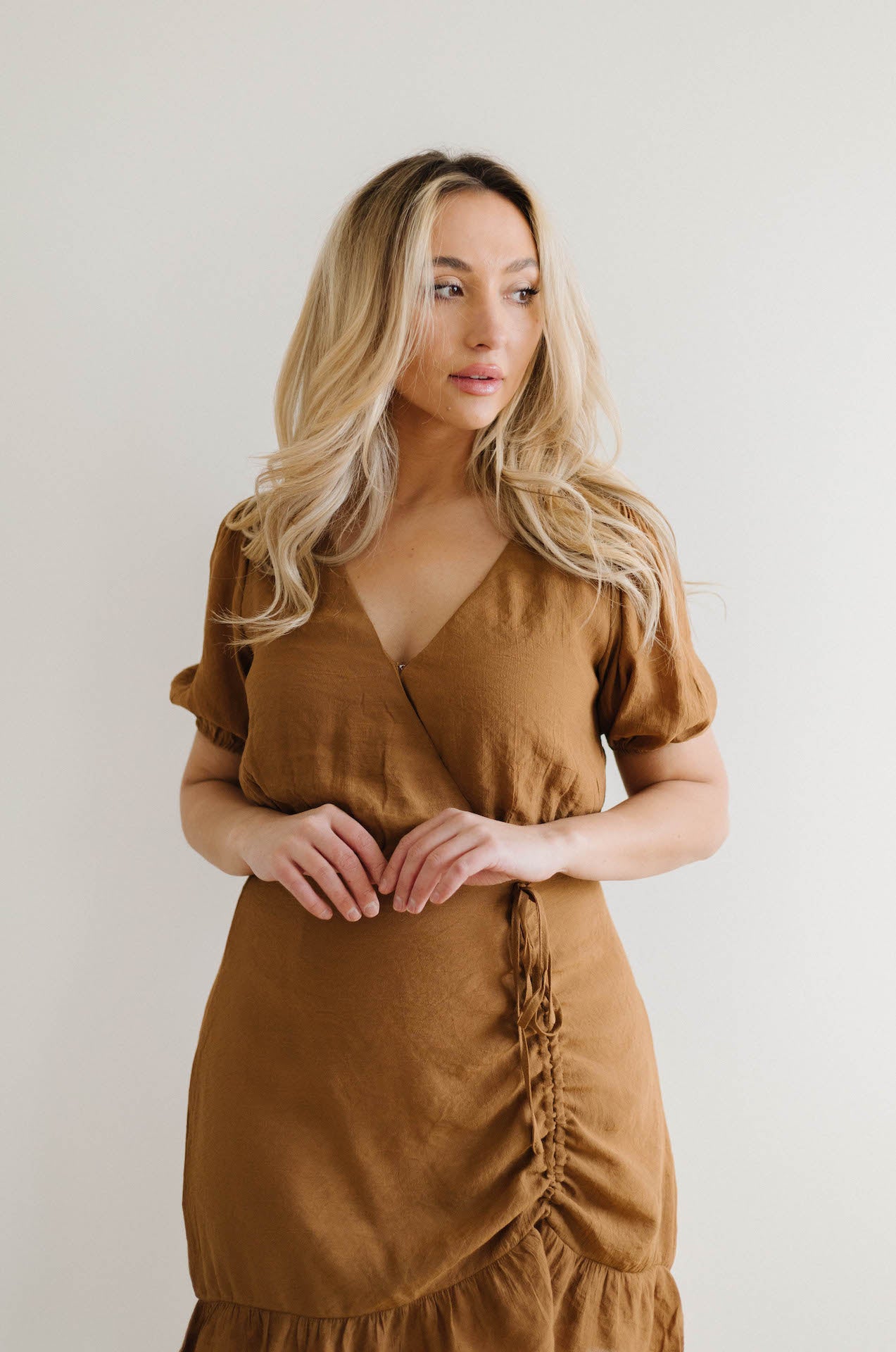 ruched front brown mini dress with sleeves