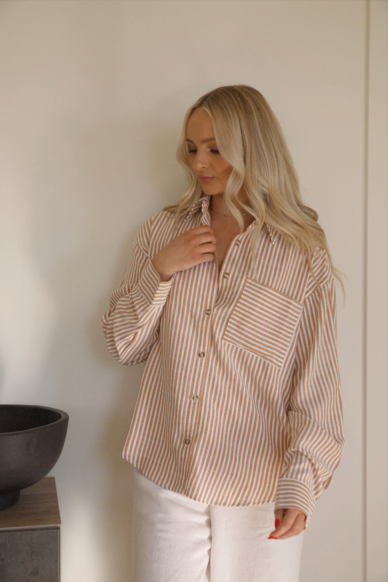 brown striped button up shirt for women
