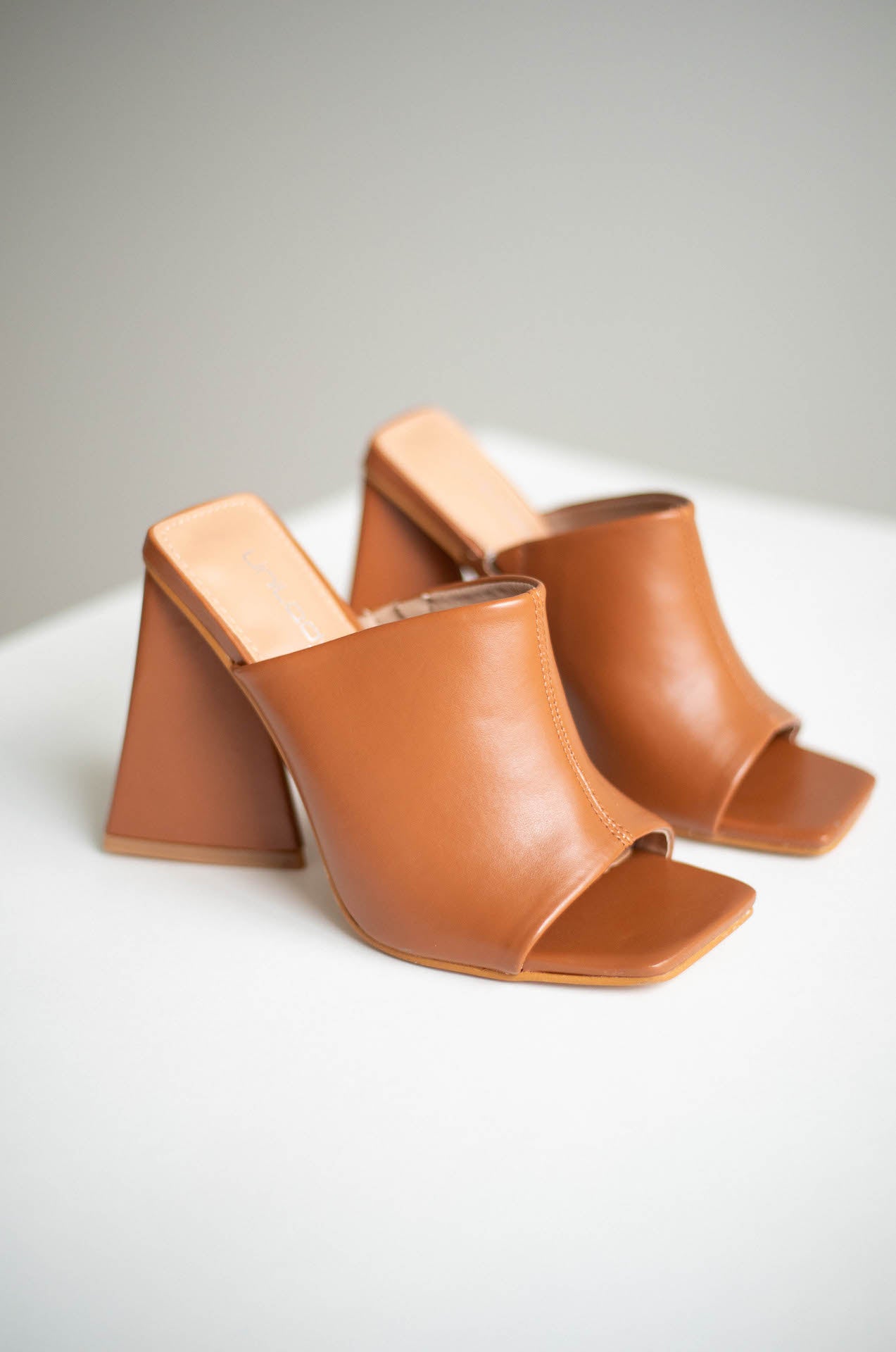 brown triangle block mule sandal heels