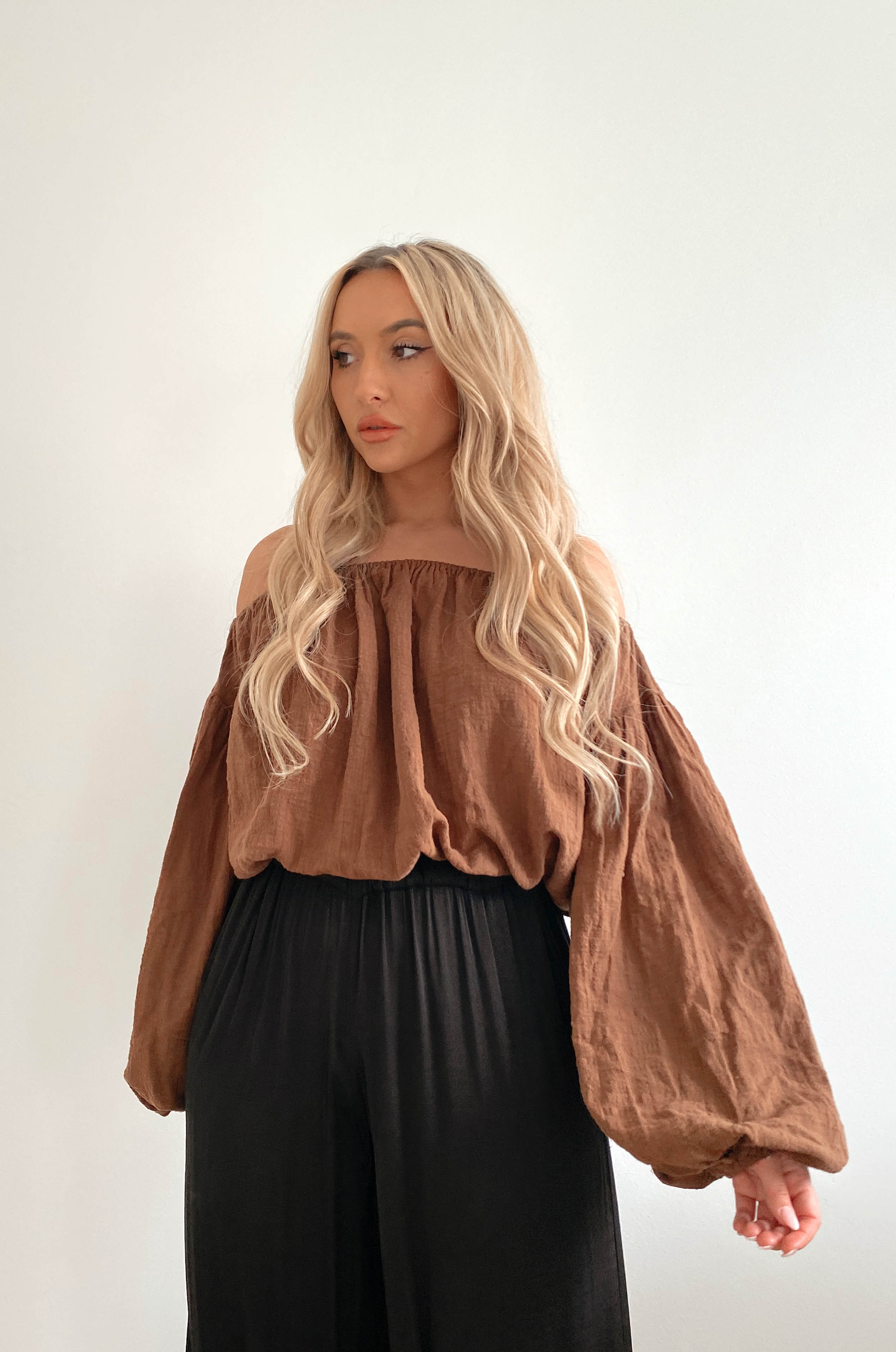 womens off the shoulder brown top with balloon sleeves