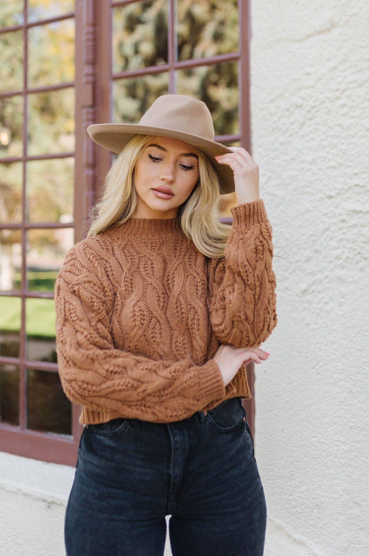 brown cable knit sweater