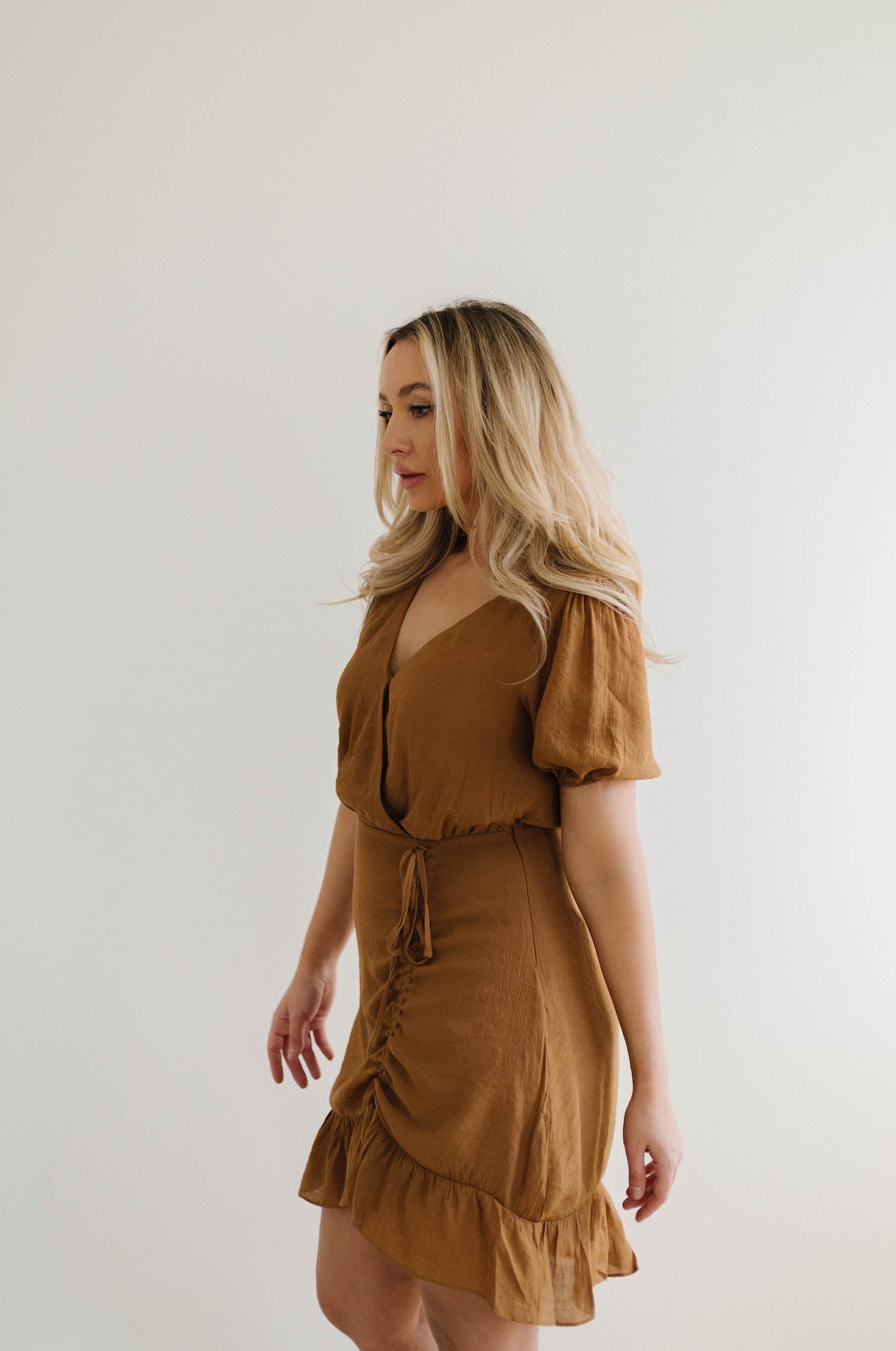 ruched front brown mini dress with sleeves