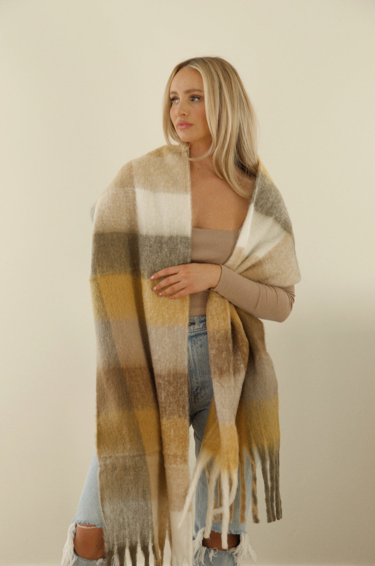 Cozy Feels Checkered Fringe Scarf - Brown