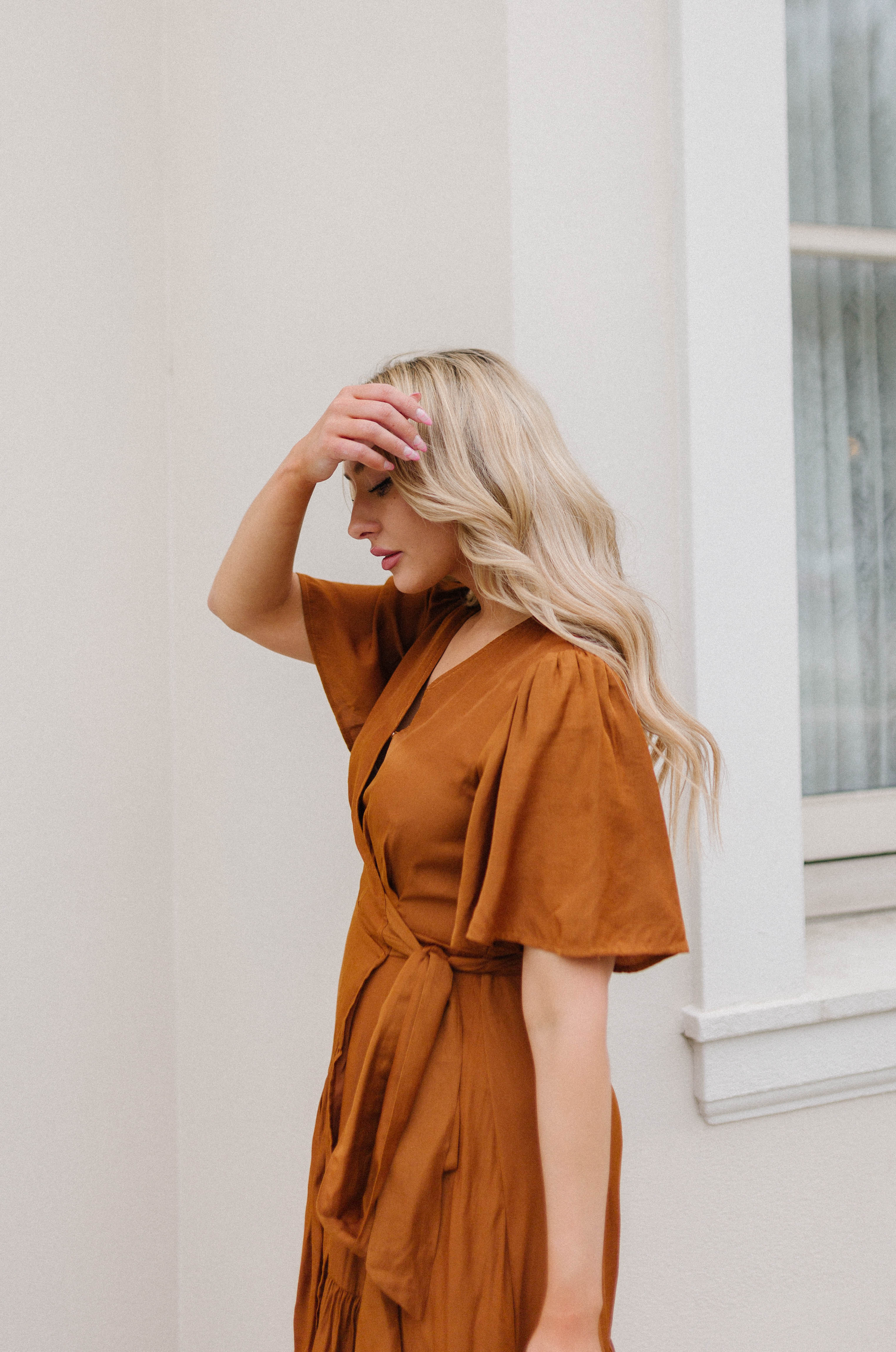 rust satin silky flutter sleeve dress