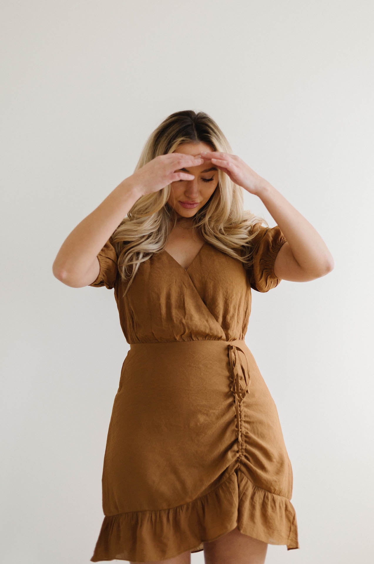 ruched front brown mini dress with sleeves