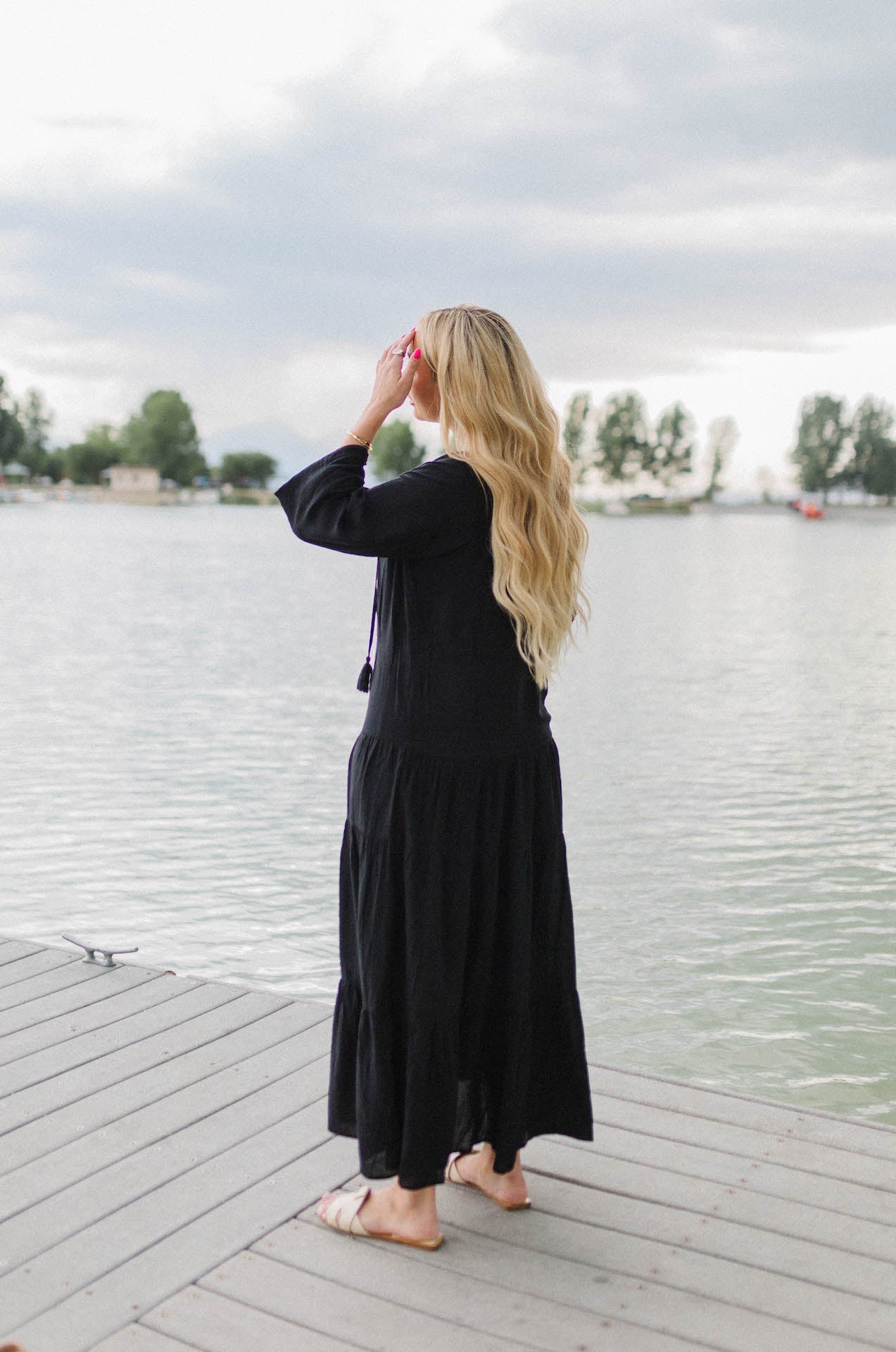 bohemian long sleeve black maxi dress with tassels