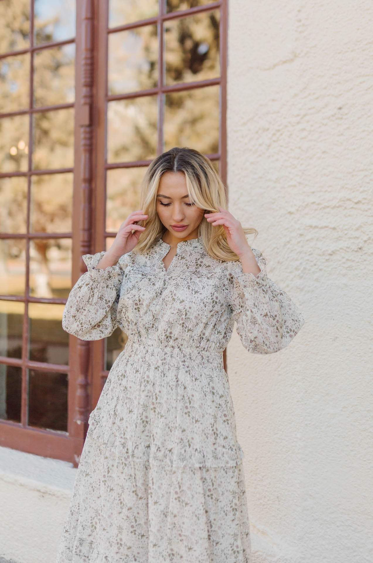 long sleeve green floral maxi dress