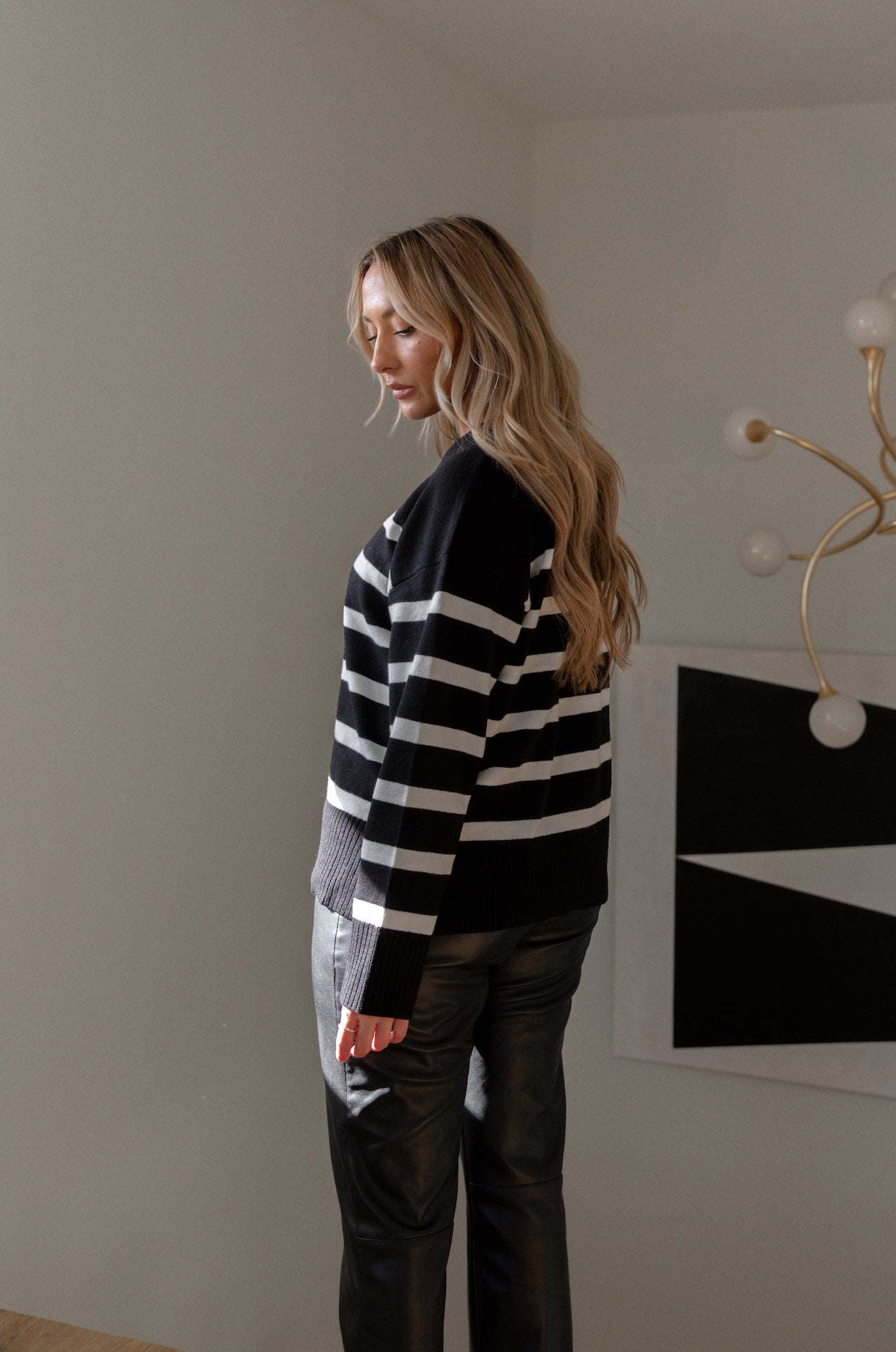 crewneck black and white striped sweater for women