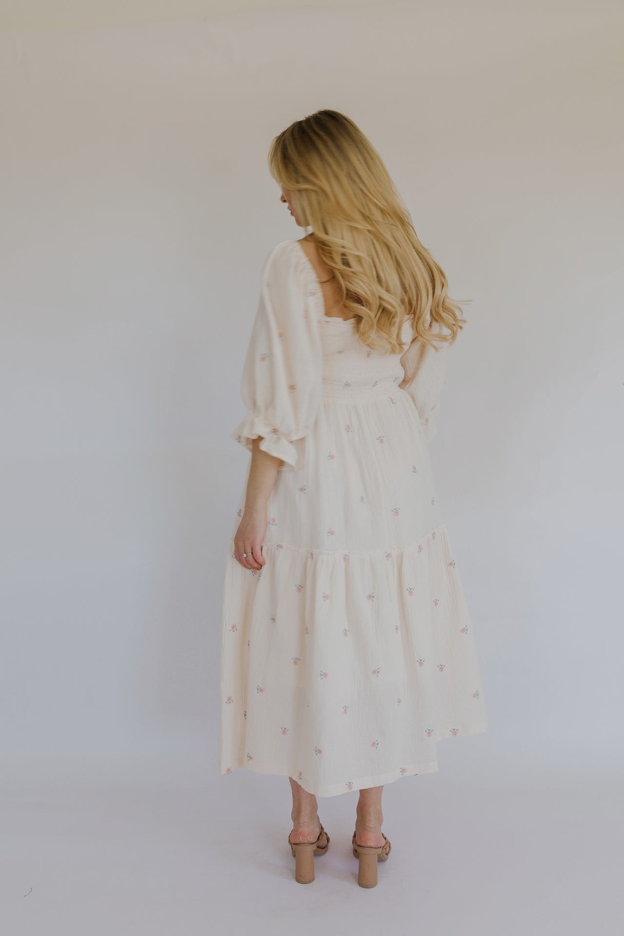 cream puff sleeve midi dress with pockets and embroidered florals