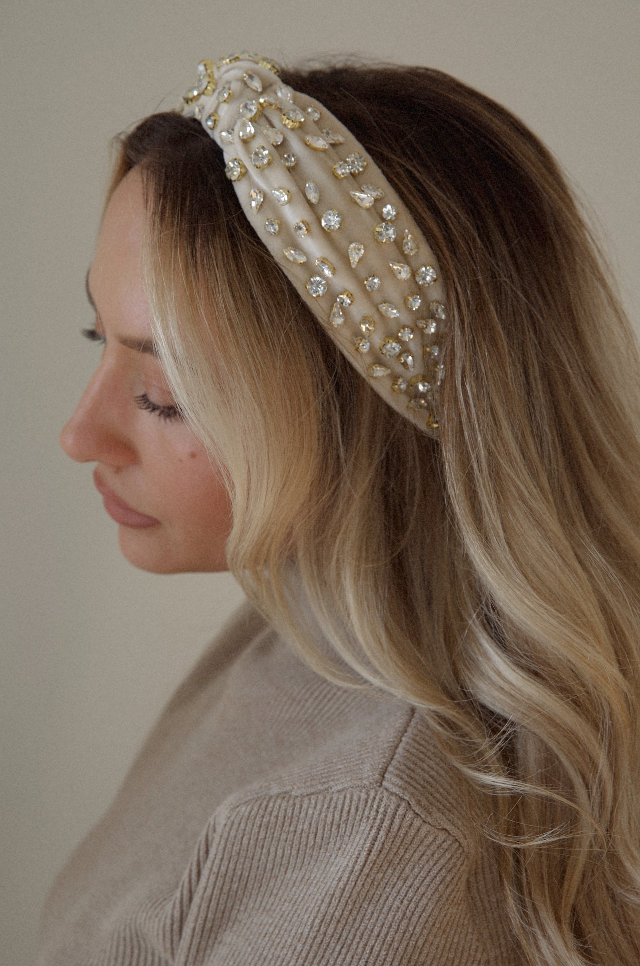 beige jeweled crystal rhinestone velvet top knot headband