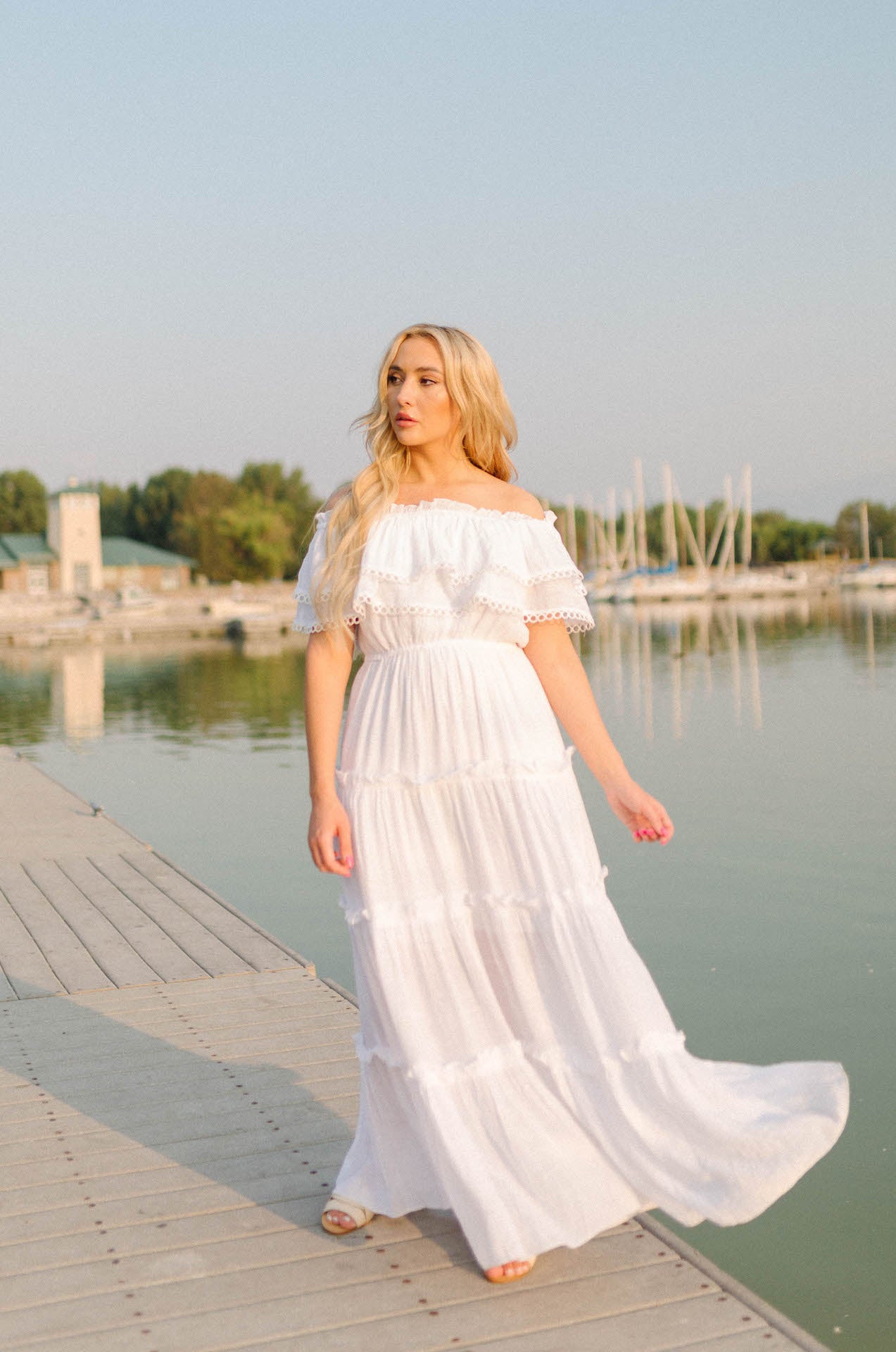 white long dress with ruffles