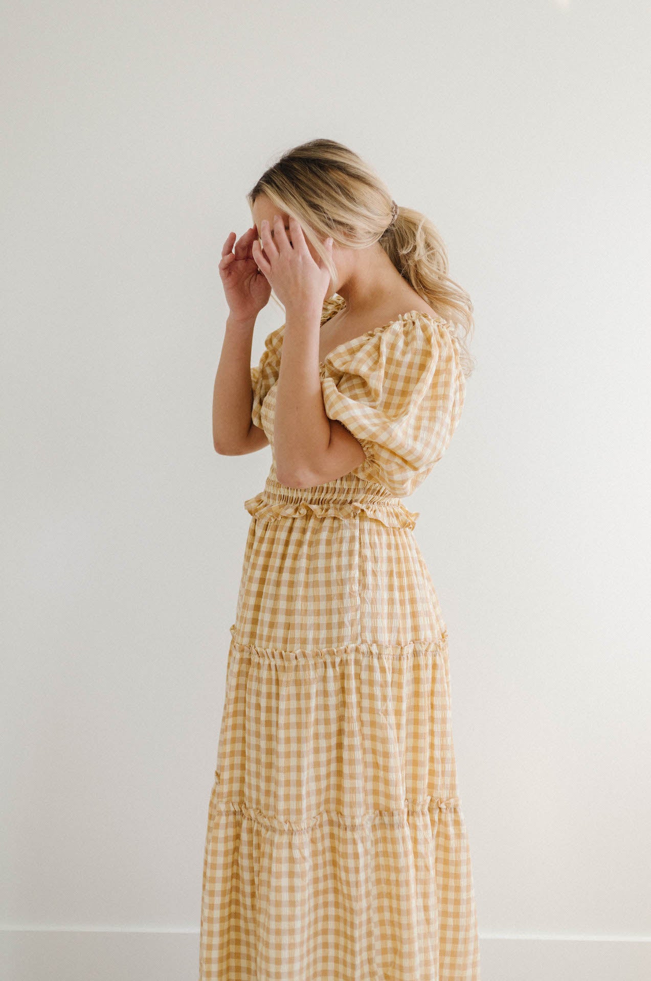 mustard gingham puff sleeve maxi tiered dress