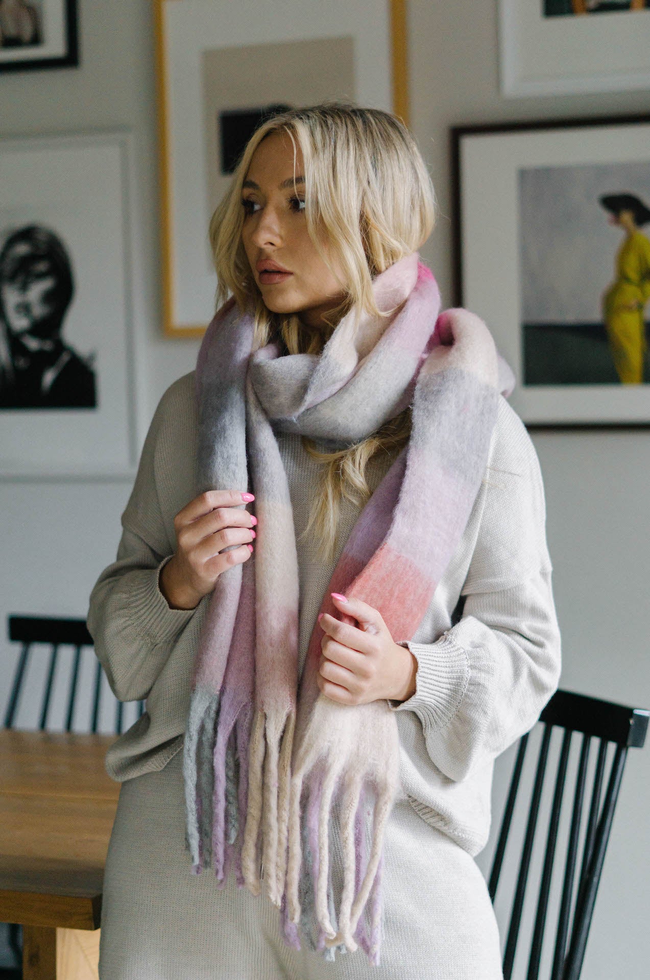 Cozy Feels Multicolor Fringe Scarf - Pink