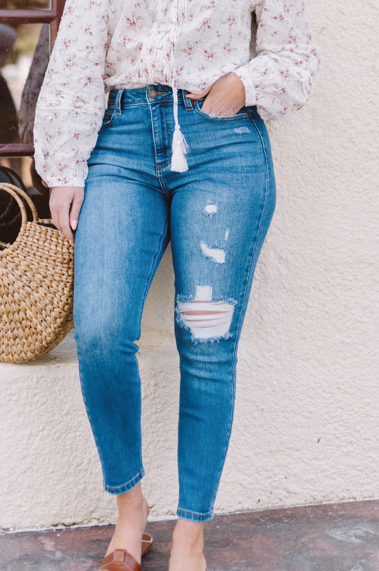 blue distressed high waist skinny jeans