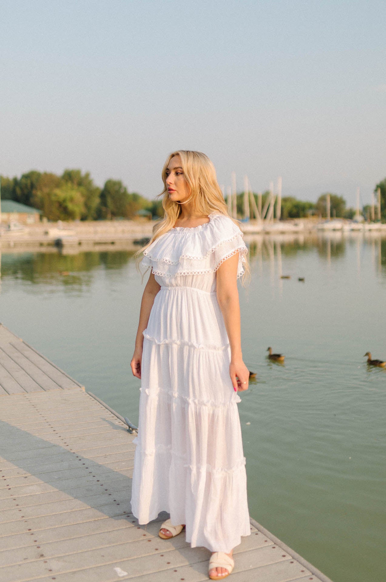 white dress with ruffles