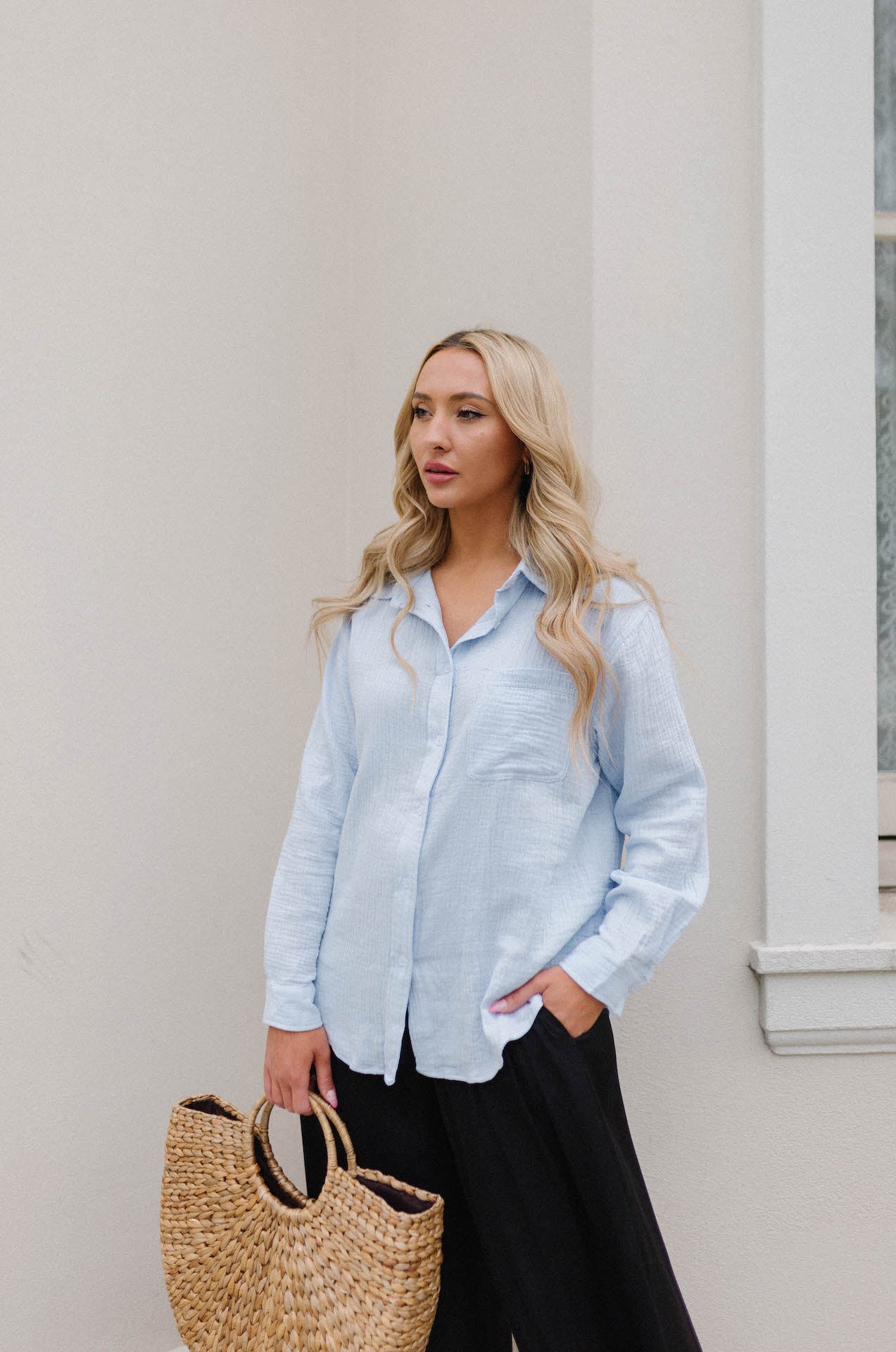 light blue button down