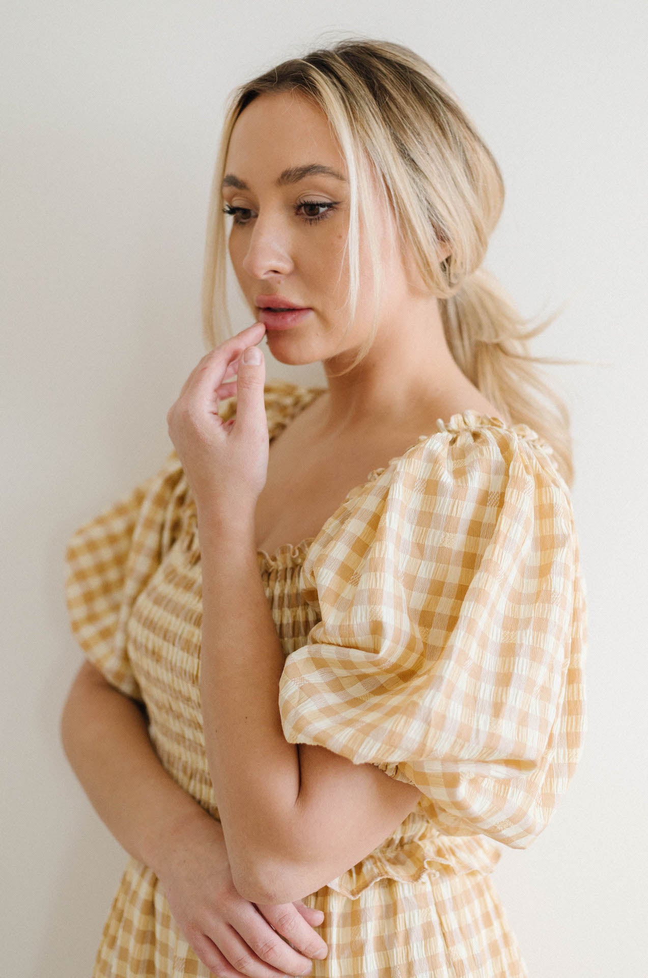 mustard gingham puff sleeve maxi tiered dress