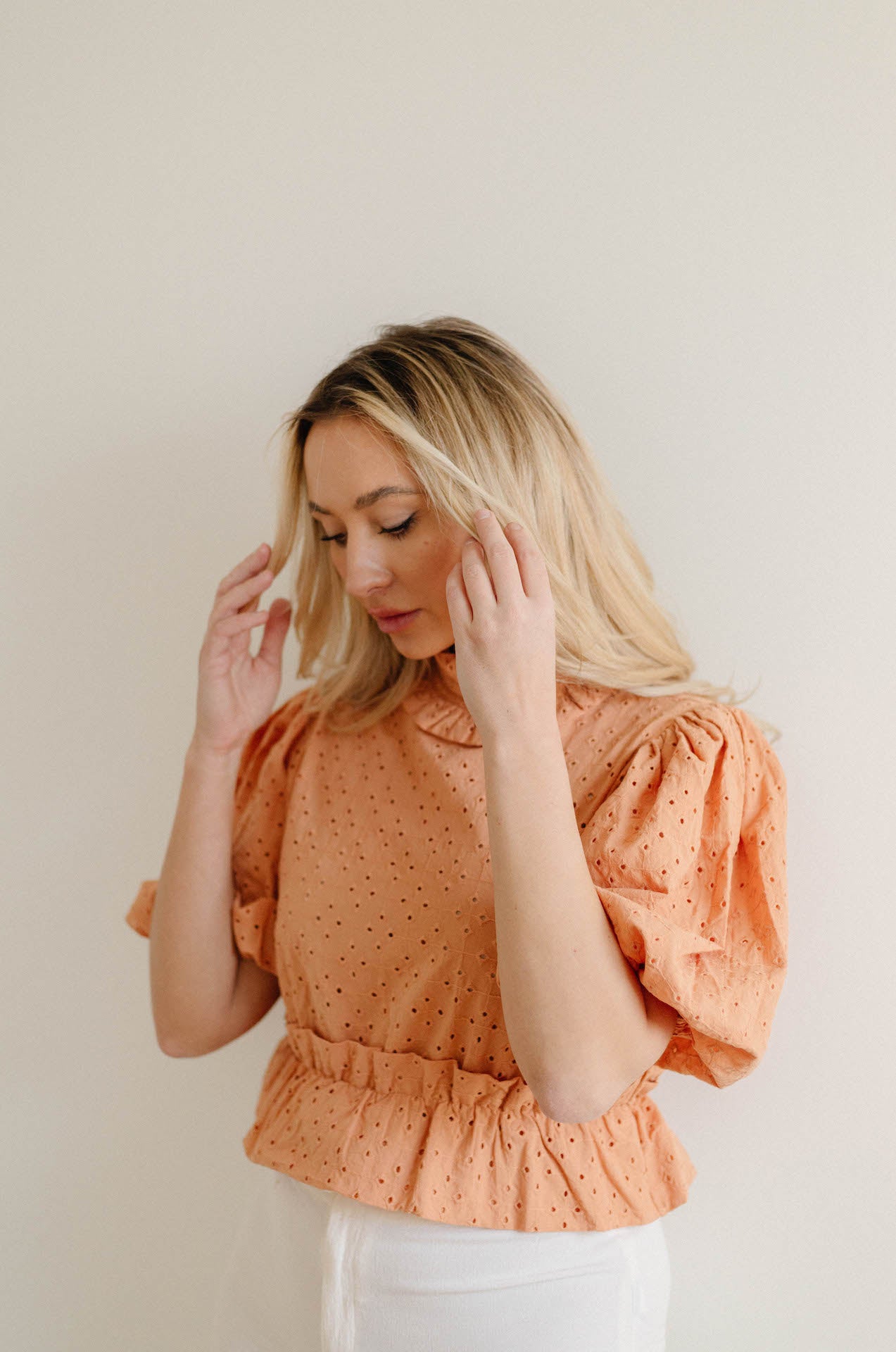 orange eyelet embroidered puff sleeve crop top blouse