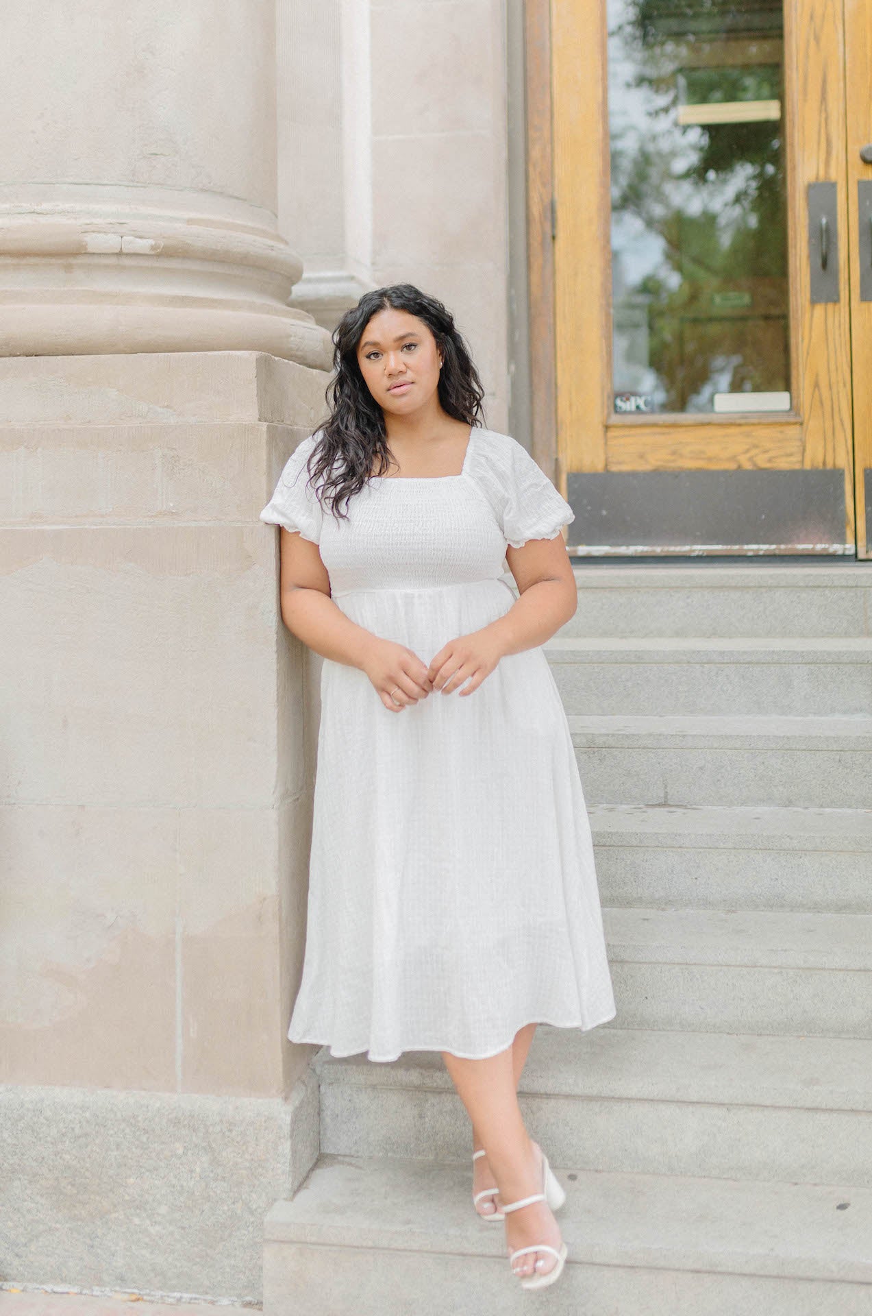 white midi dress with pockets