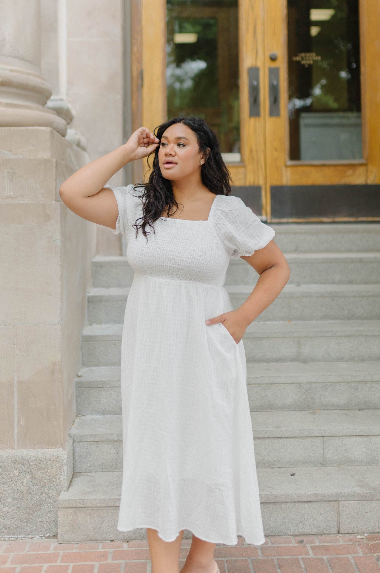 trendy white modest midi dress with pockets