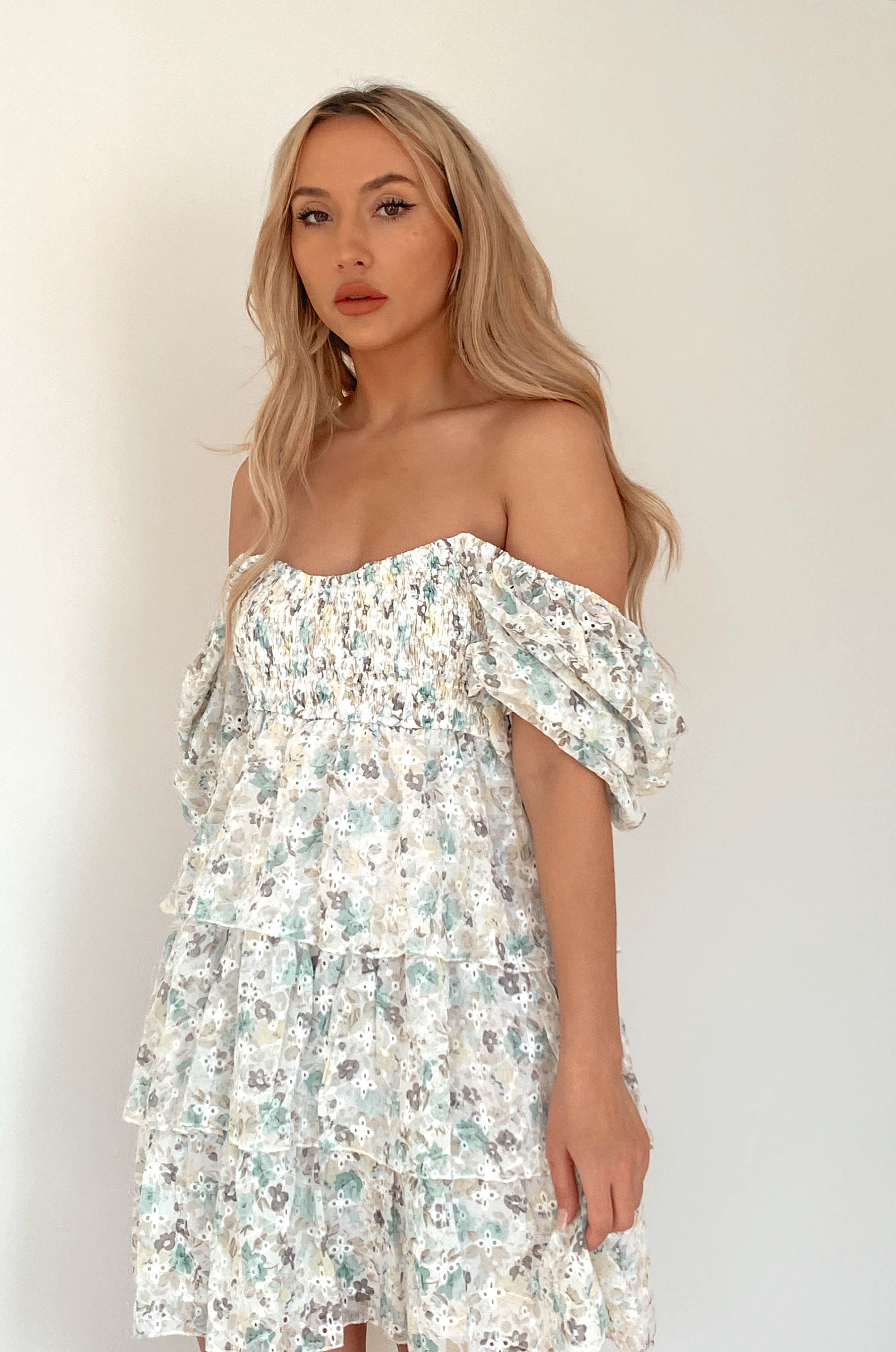 floral tiered puff sleeve mini dress