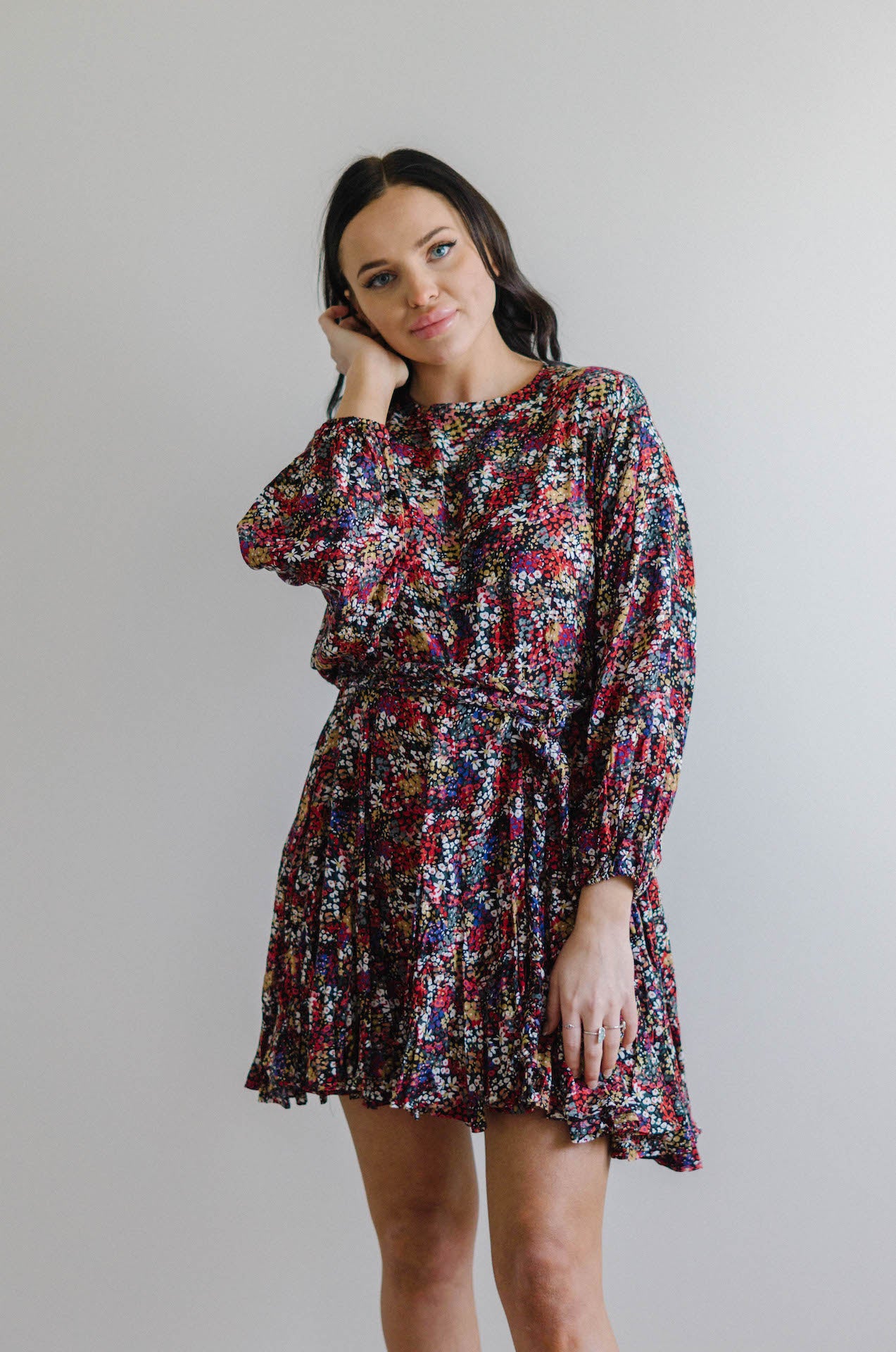 multicolor floral long sleeve mini dress with braided rope belt and pleated hem