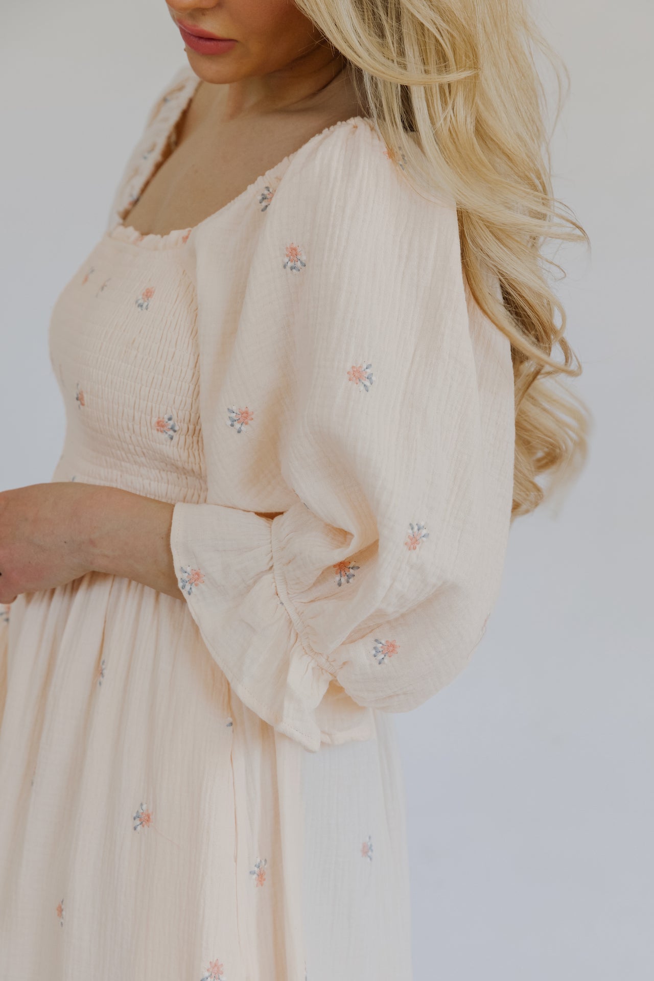 Darla Embroidered Peachy Puff Sleeve Dress