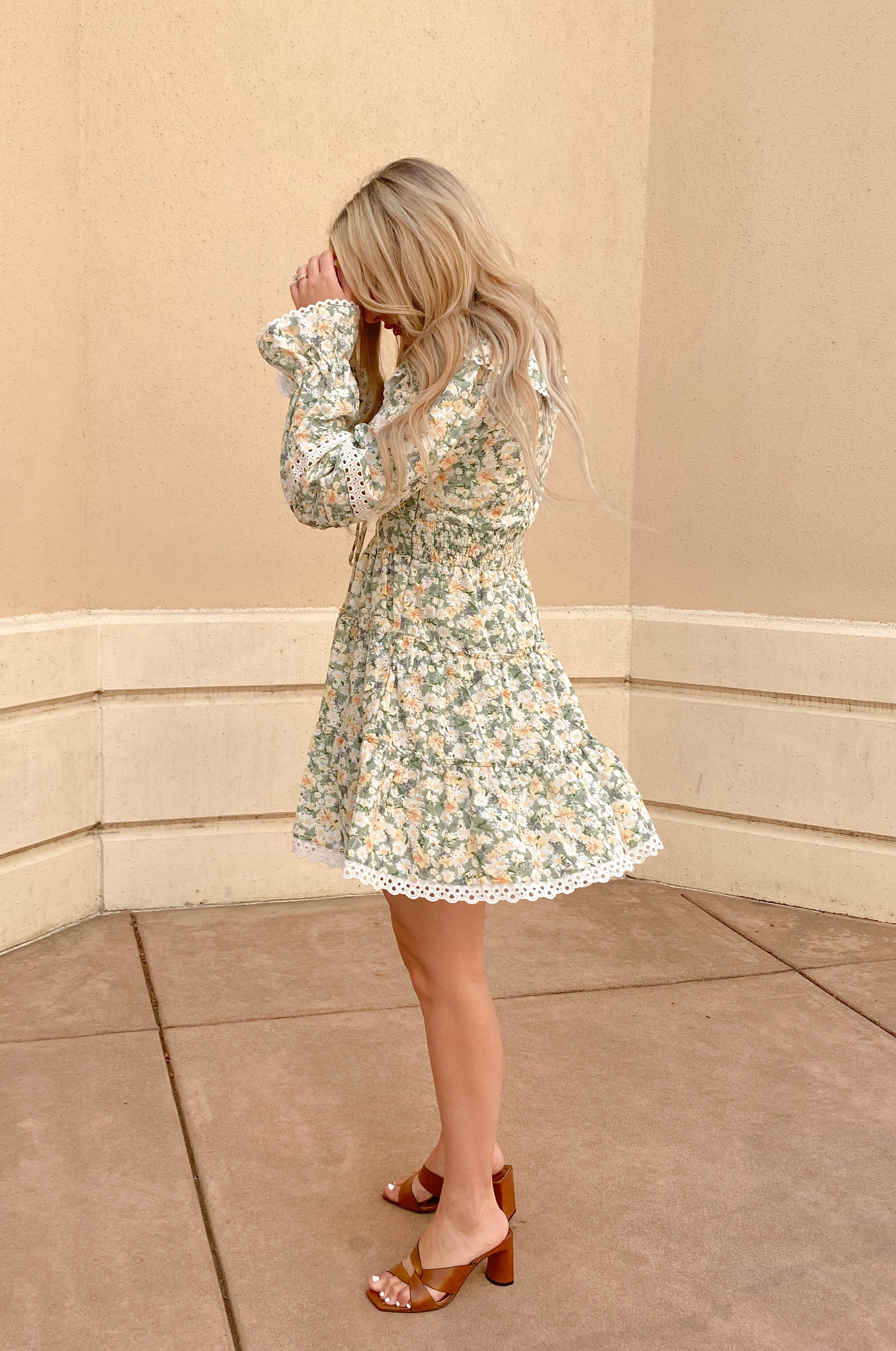 green and yellow mini dress with ruffles and eyelet