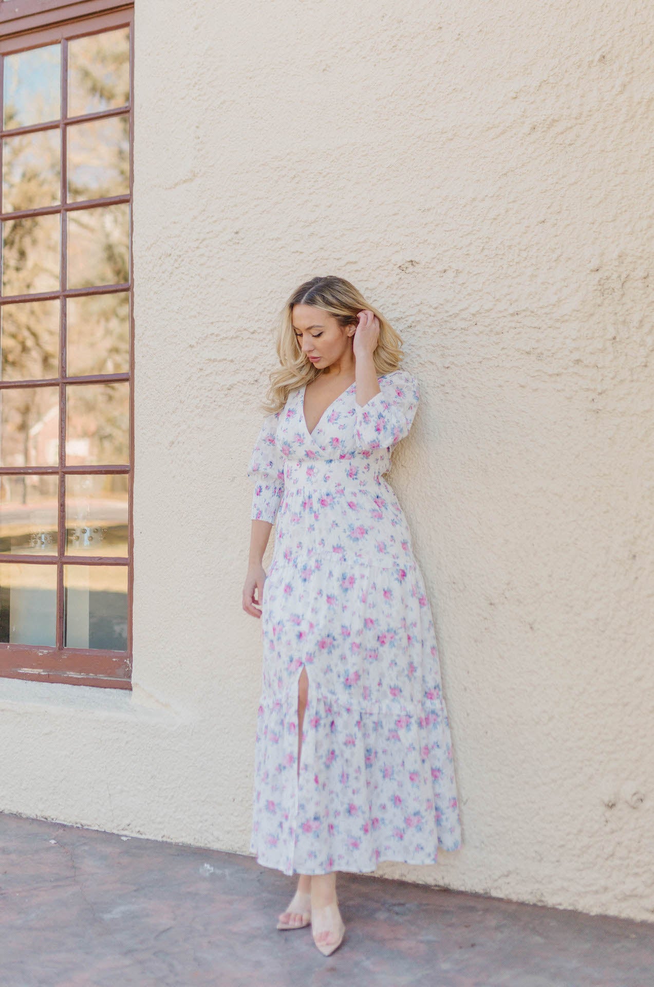 floral print tiered maxi dress with long sleeves