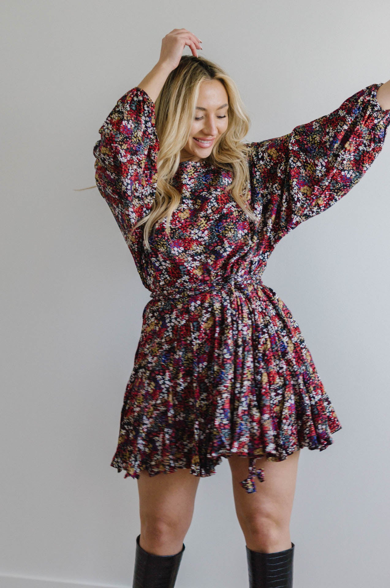 multicolor floral long sleeve mini dress with braided rope belt and pleated hem