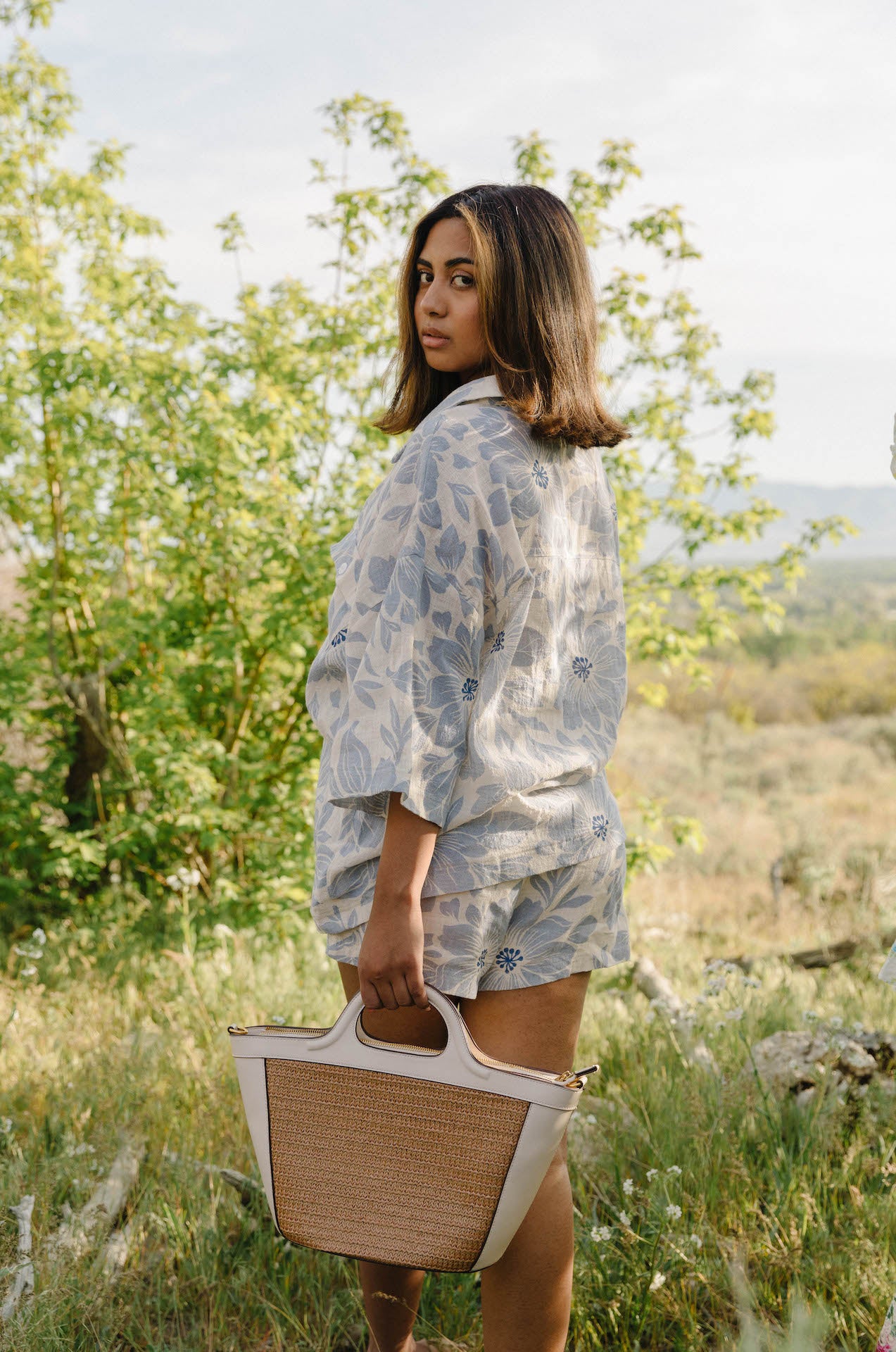 blue and white button down and shorts set
