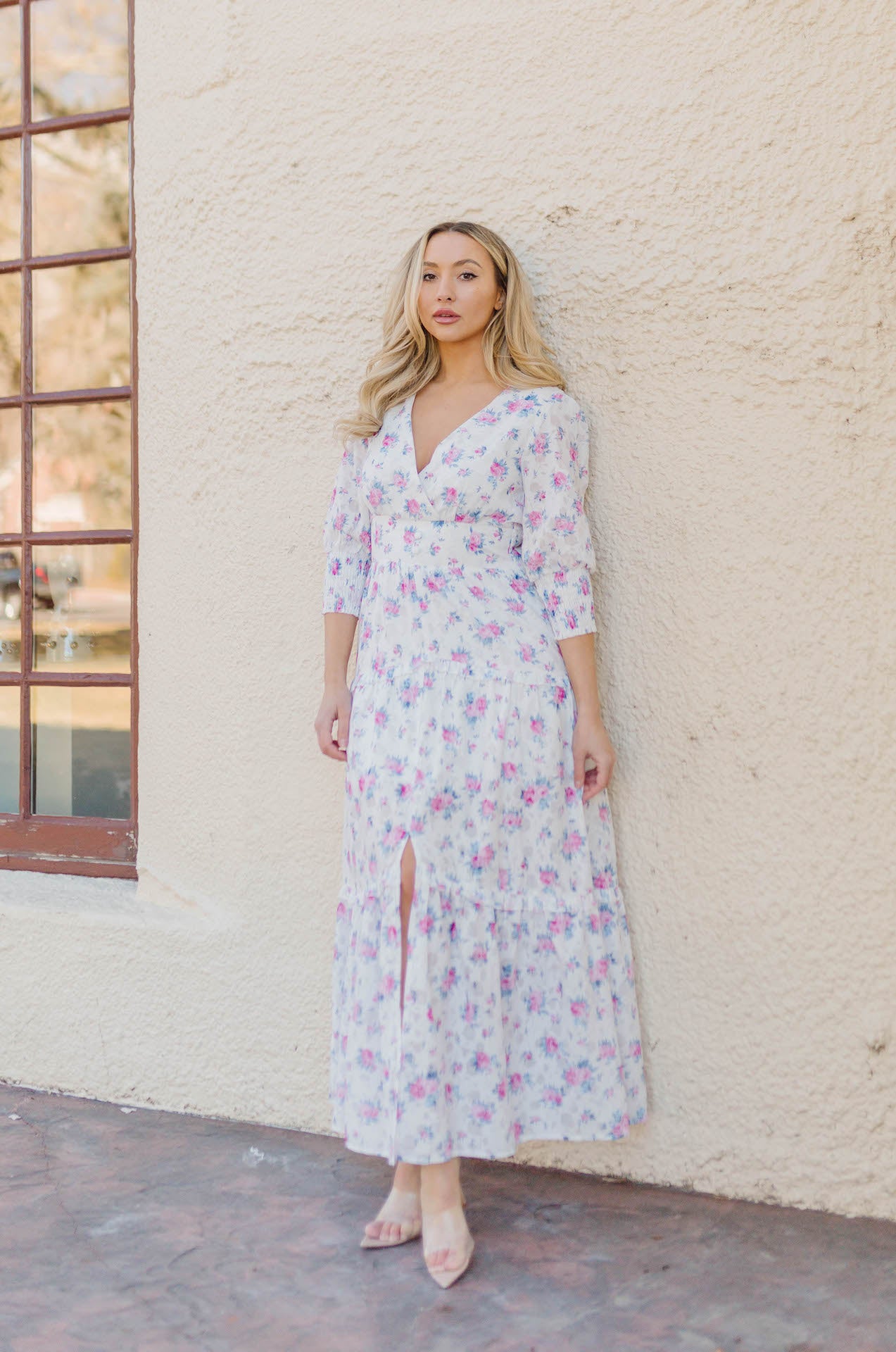 floral print tiered maxi dress with long sleeves