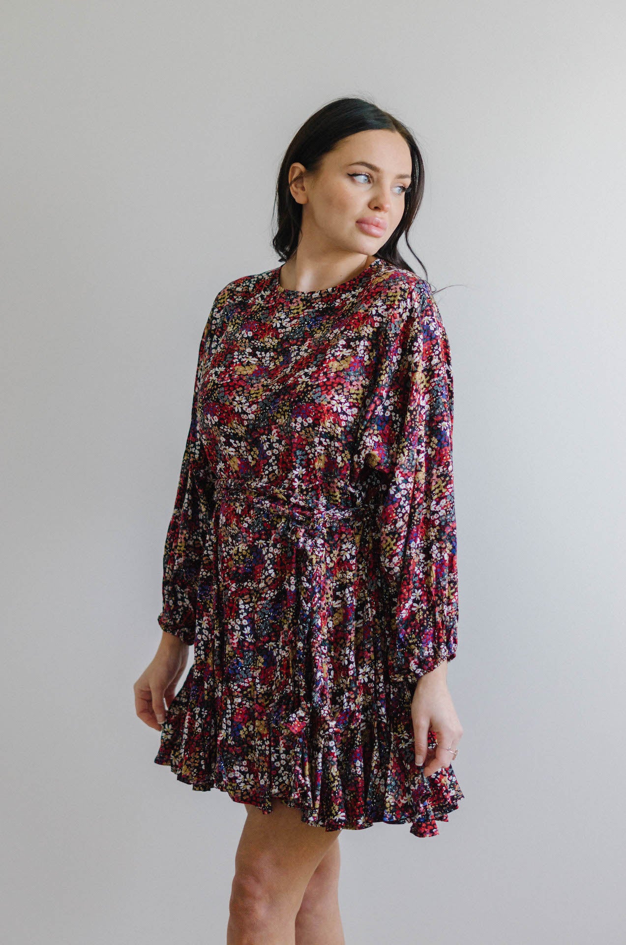 multicolor floral long sleeve mini dress with braided rope belt and pleated hem