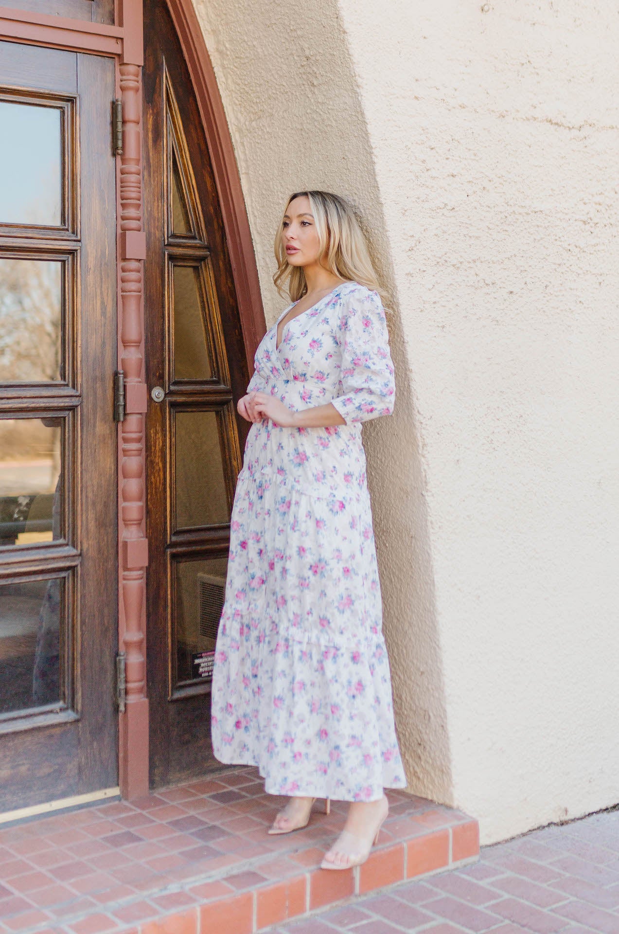 floral print tiered maxi dress with long sleeves