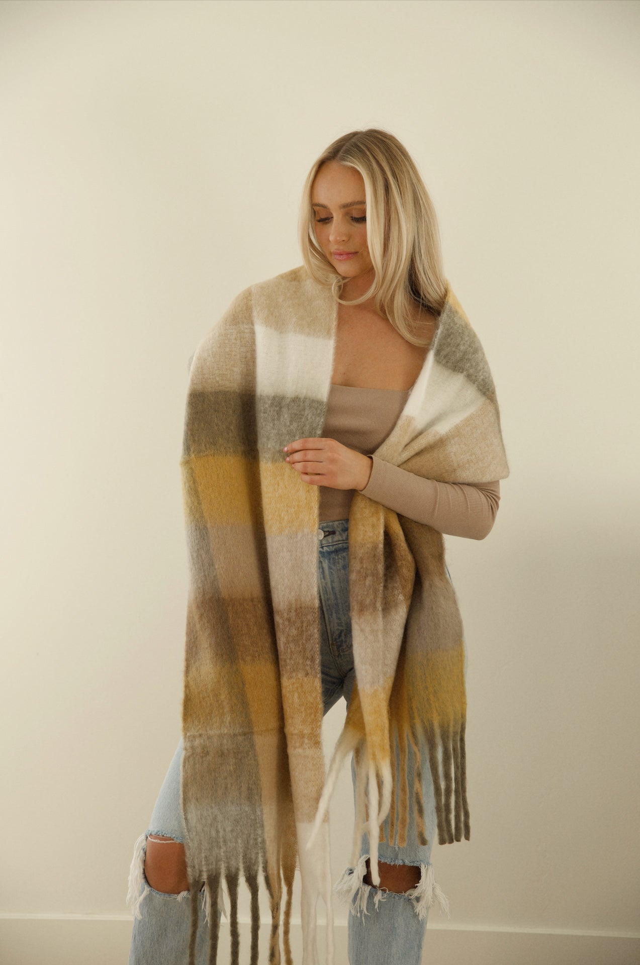 Cozy Feels Checkered Fringe Scarf - Brown