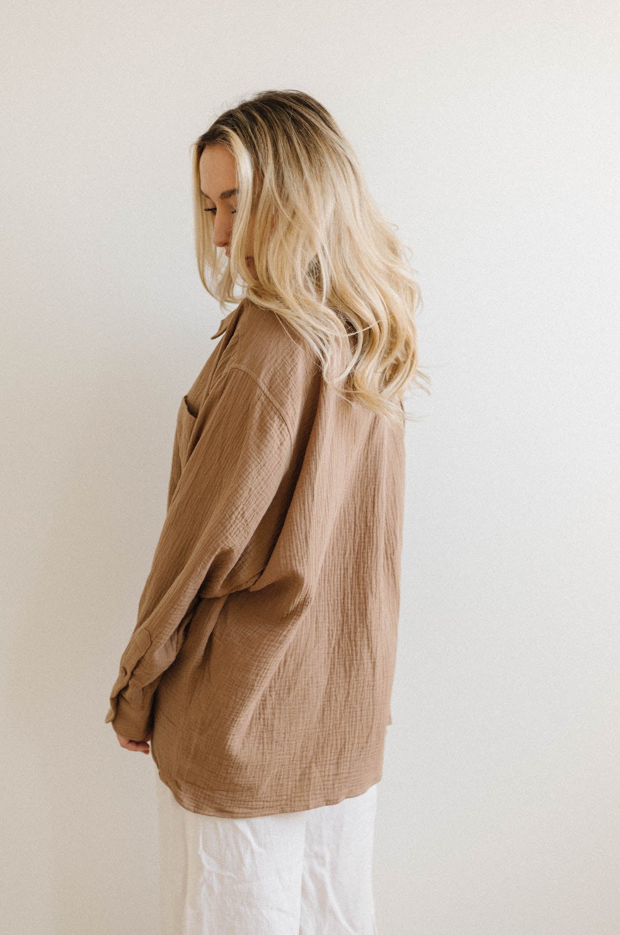 mocha brown cotton gauze button down shirt