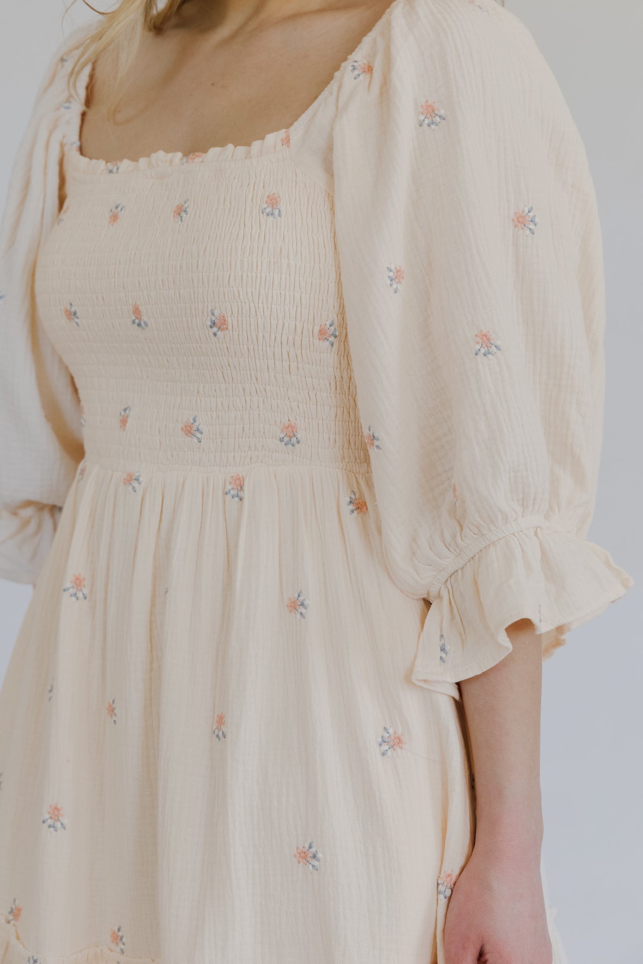 Darla Embroidered Peachy Puff Sleeve Dress