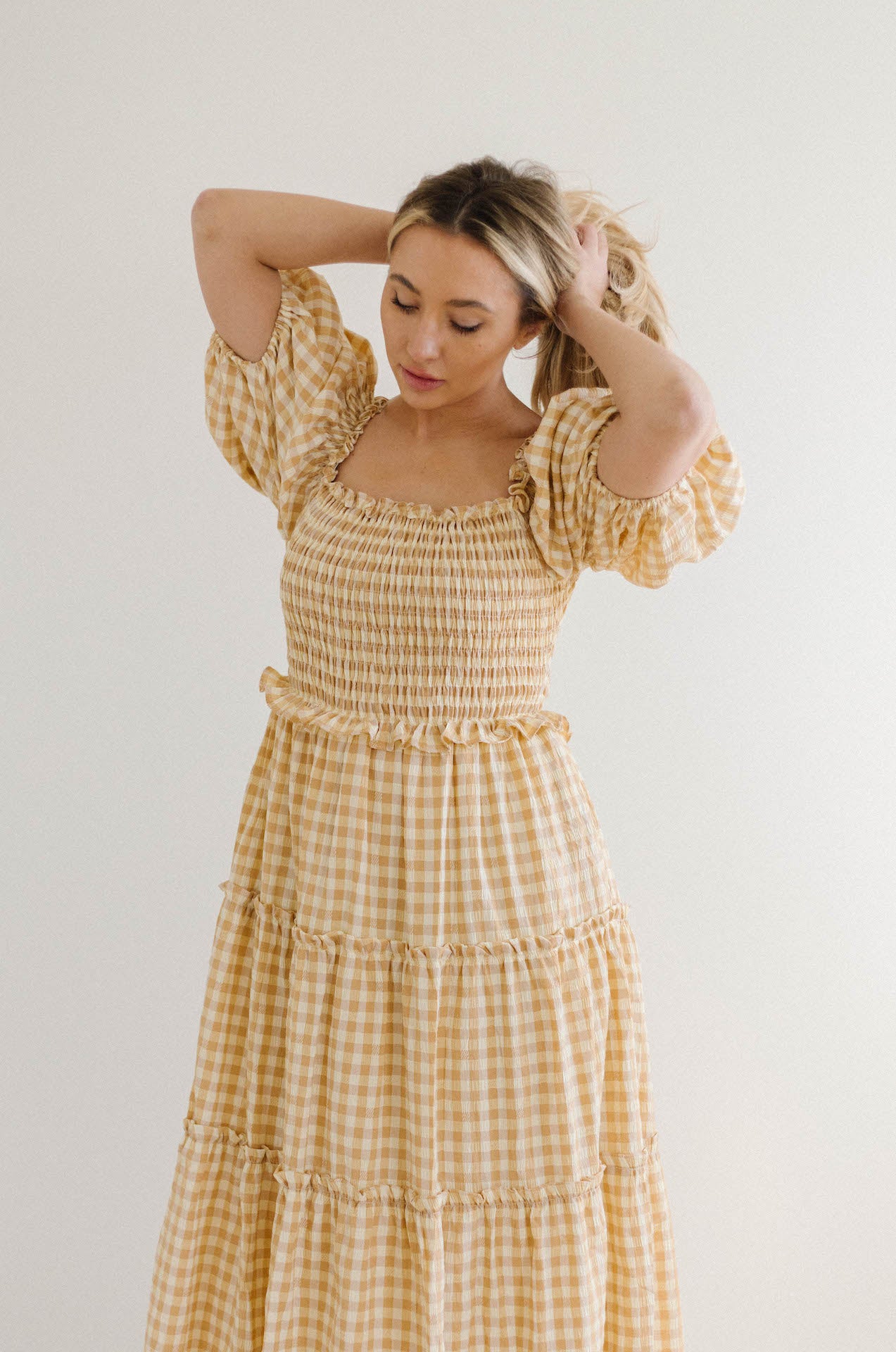 mustard gingham puff sleeve maxi tiered dress