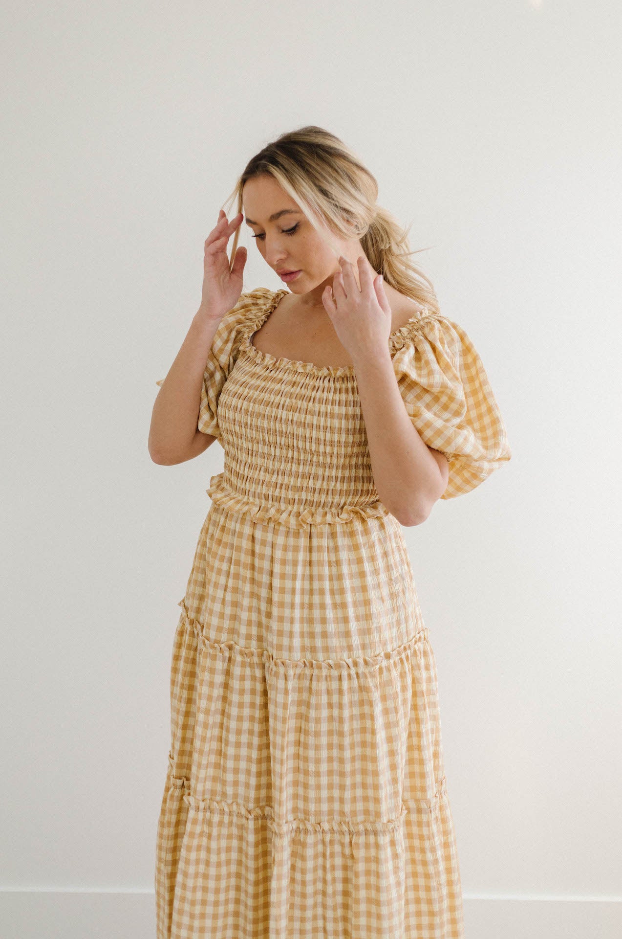 mustard gingham puff sleeve maxi tiered dress