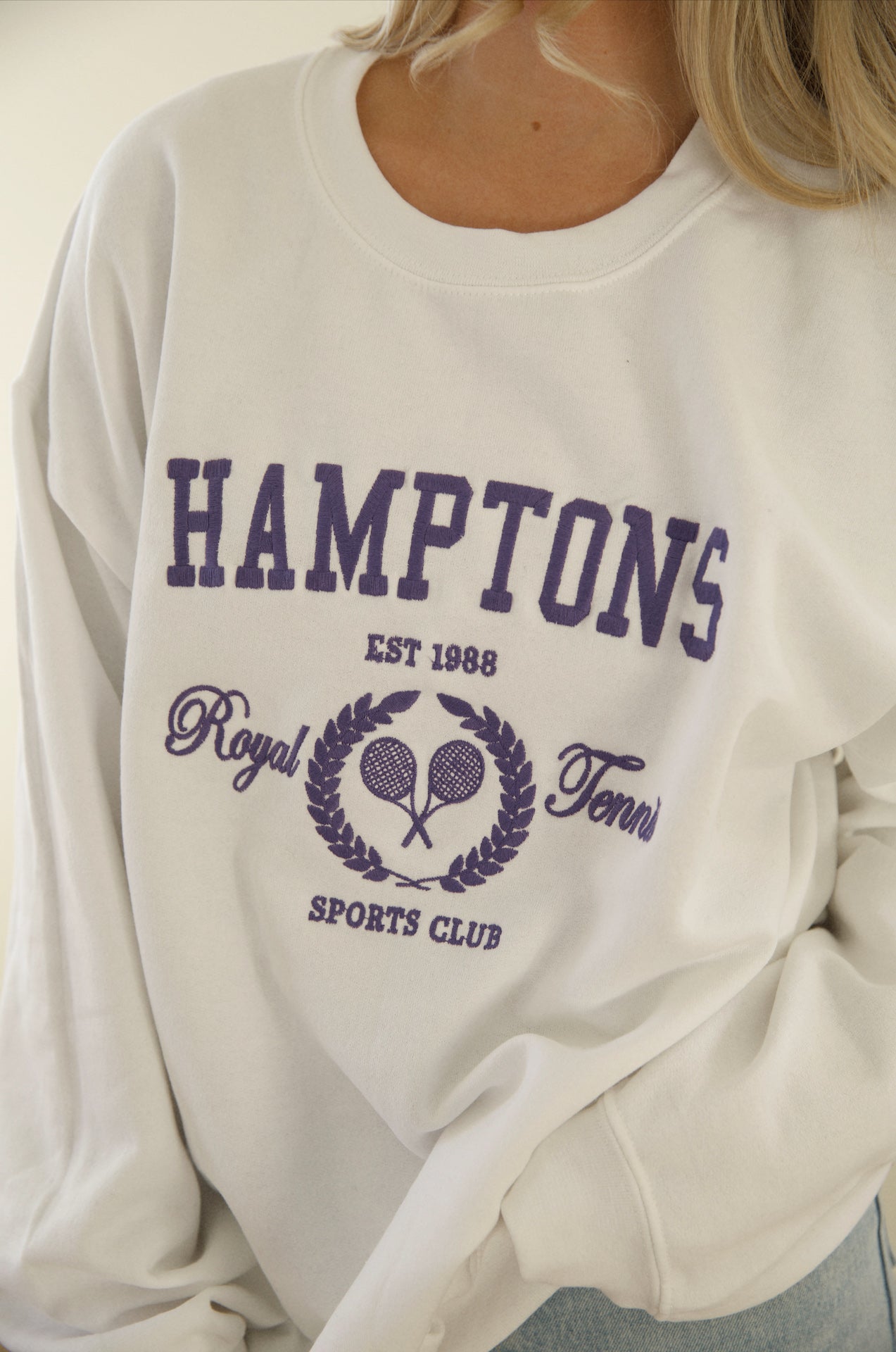 white hamptons tennis club graphic crew sweatshirt