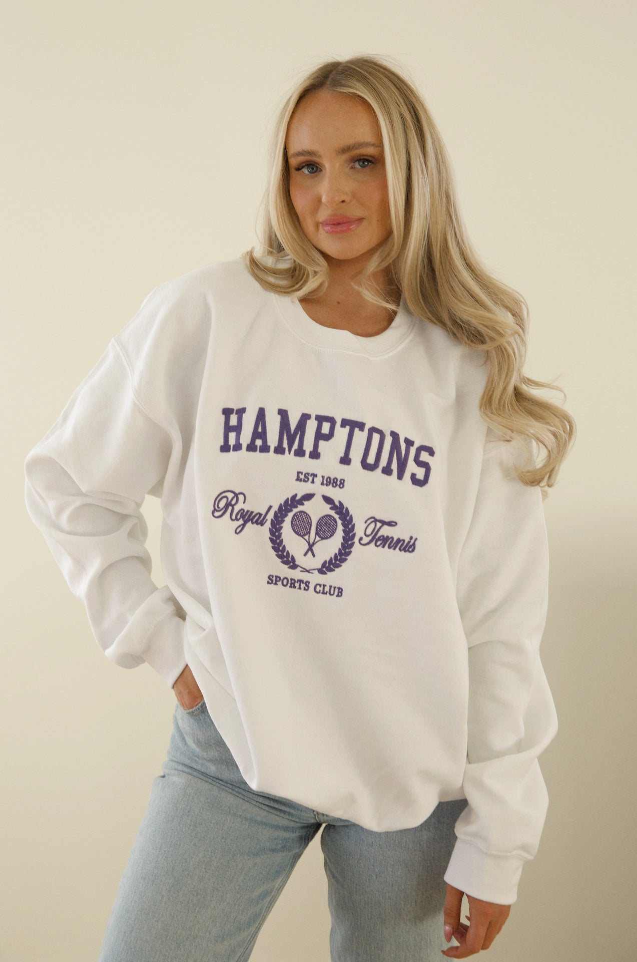 white hamptons tennis club graphic crew sweatshirt