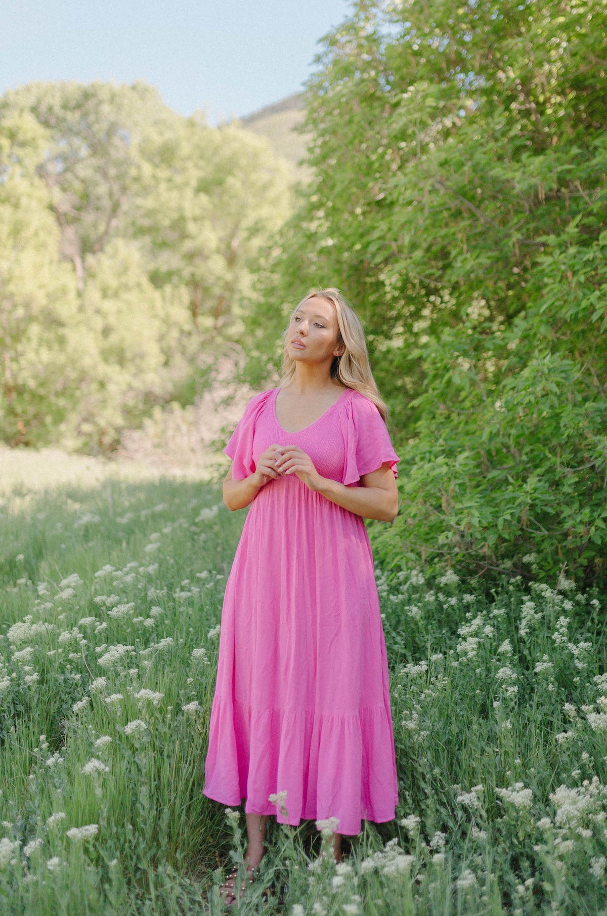 Freya Flutter Sleeve Midi Dress - Hot Pink