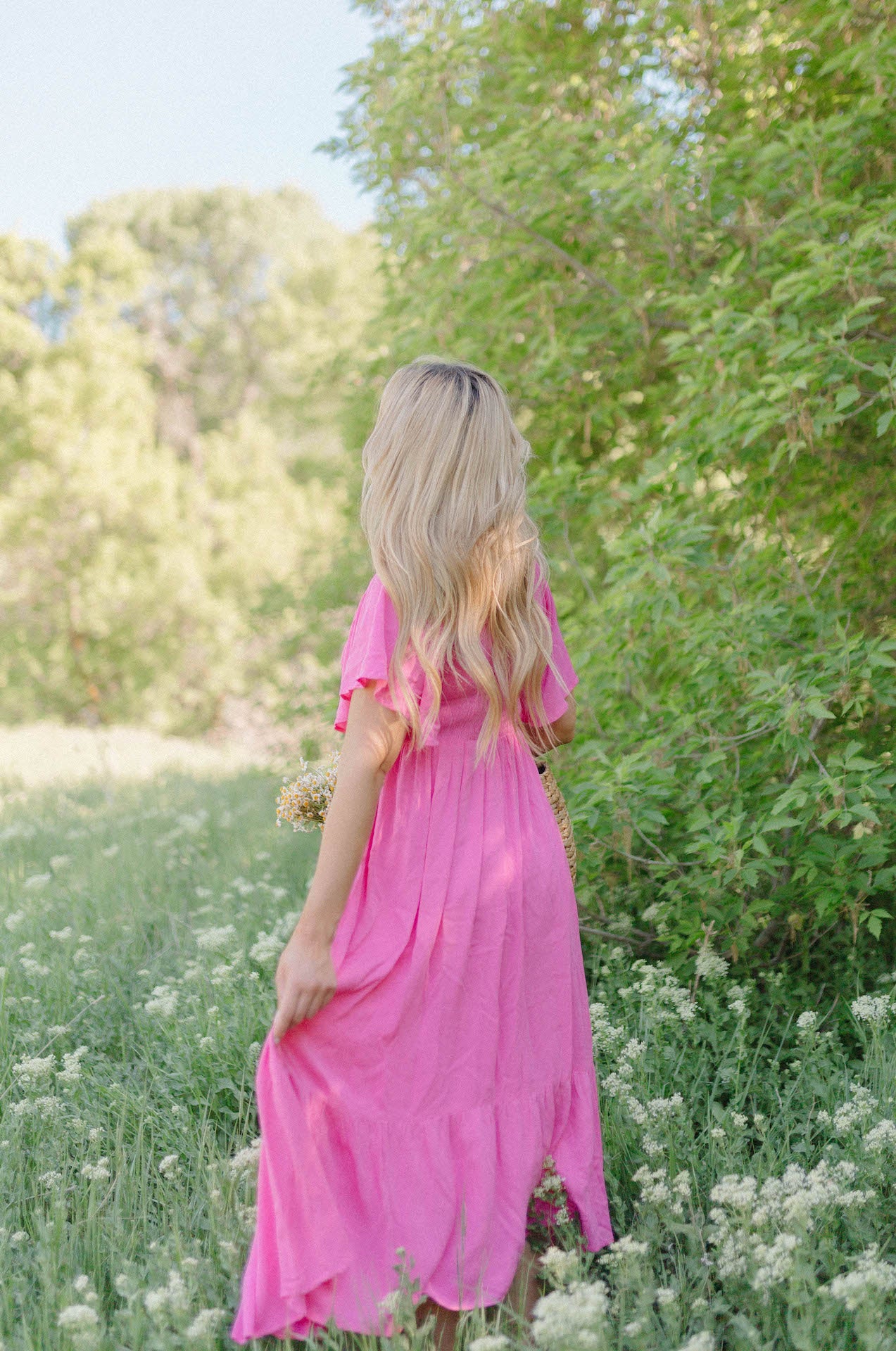 Pink flowy midi dress best sale