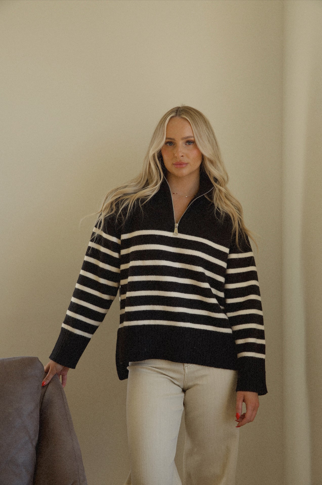 knitted black and white striped half zip sweater