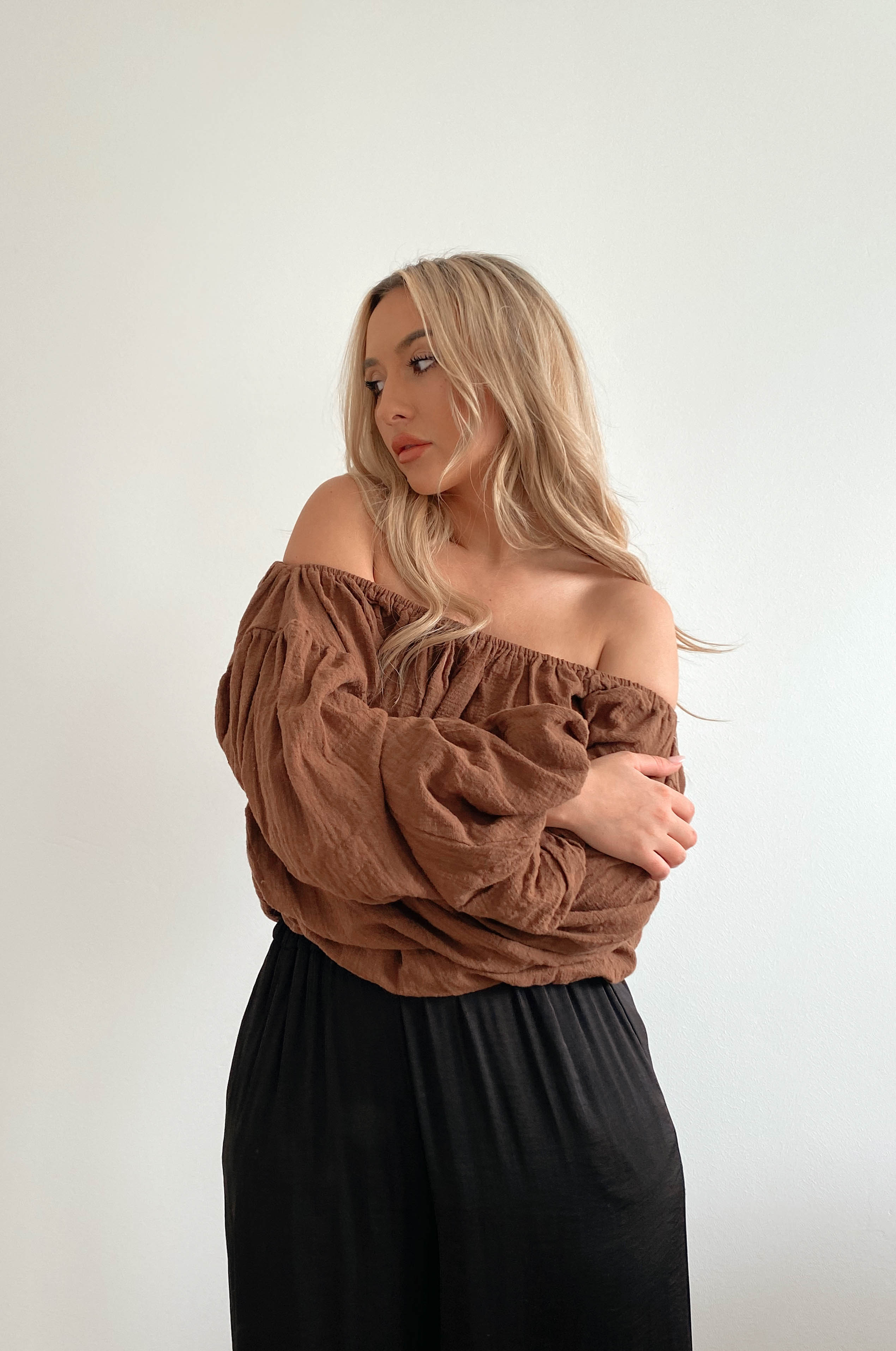 balloon sleeves off the shoulder top