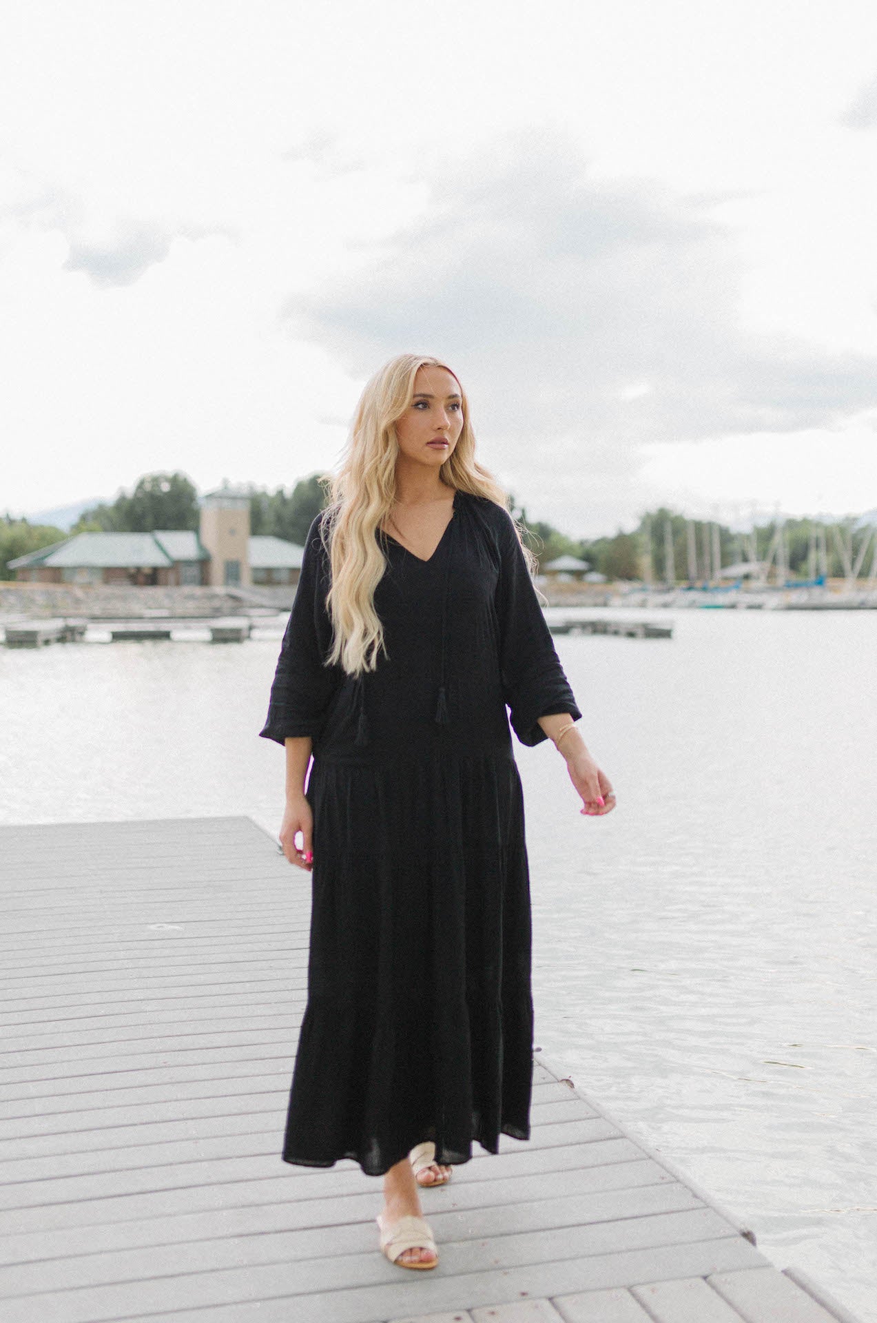 bohemian long sleeve black maxi dress with tassels