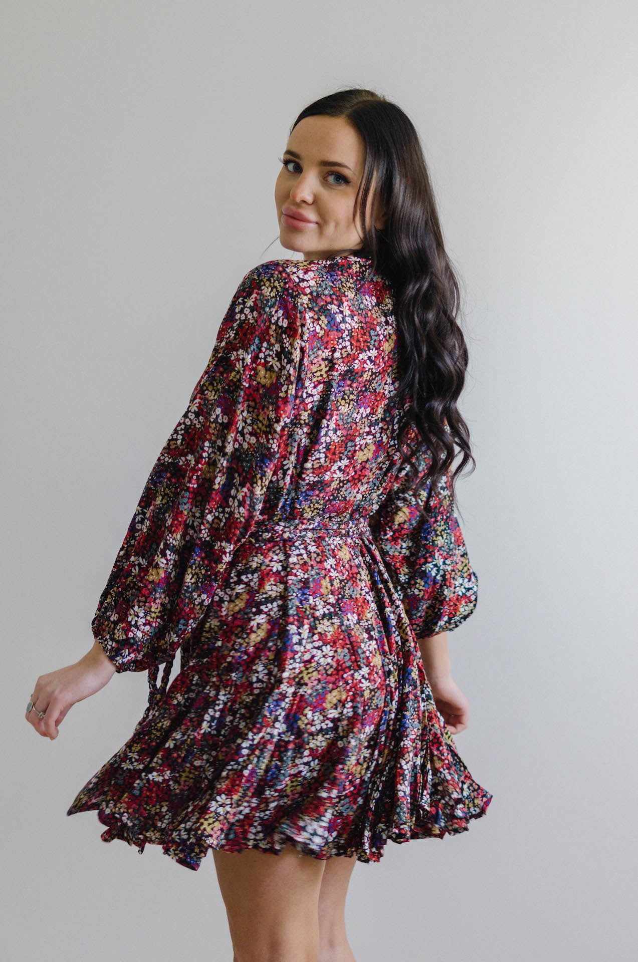 multicolor floral long sleeve mini dress with braided rope belt and pleated hem