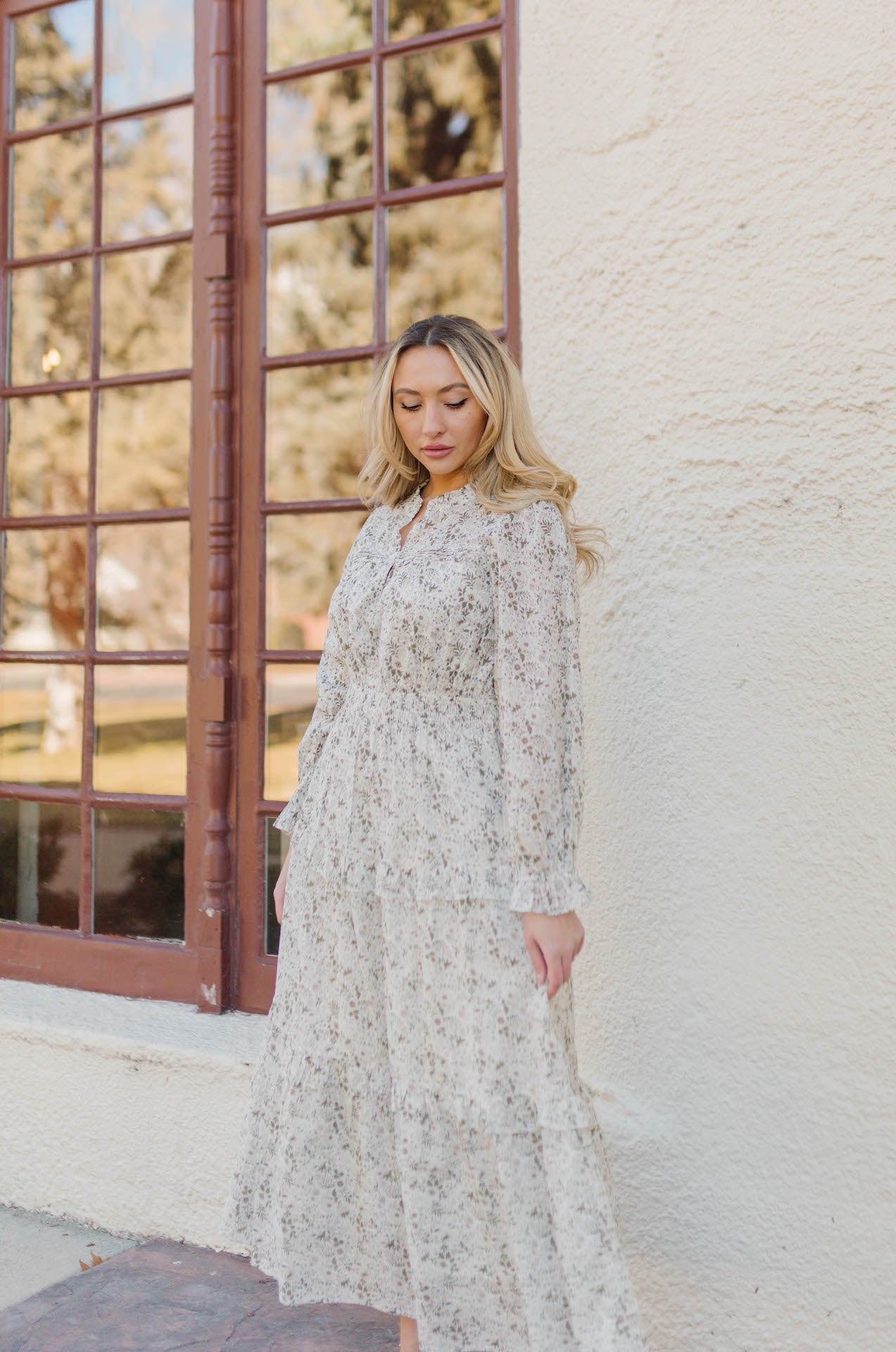 long sleeve green floral maxi dress